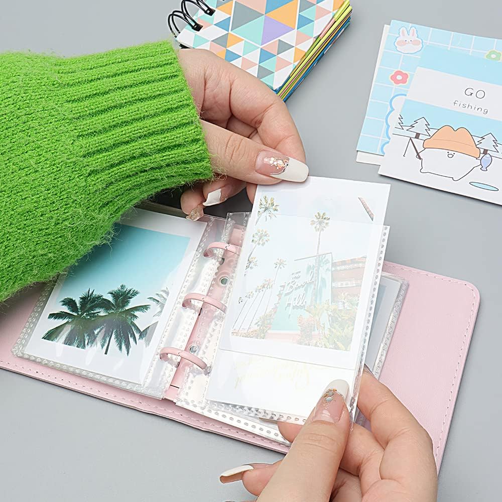 Mini álbum de fotos, soporte para tarjetas fotográficas rosas, tarjetas fotográficas Kpop de piel sintética de 3 anillos, álbum de películas de