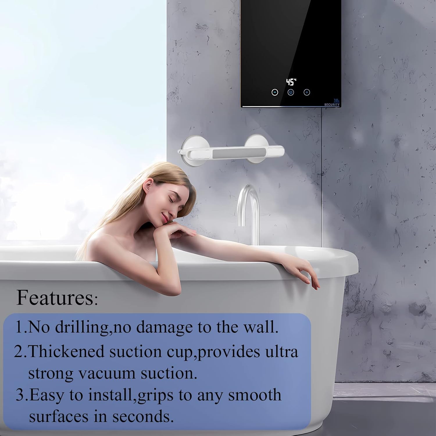 Grab Bars for Bathtubs and Showers,12 inch Shower Handle,Non-Slip Handrail Safety Grip for Seniors No Drilling,Grab Bars for Elderly for Wall,Shower