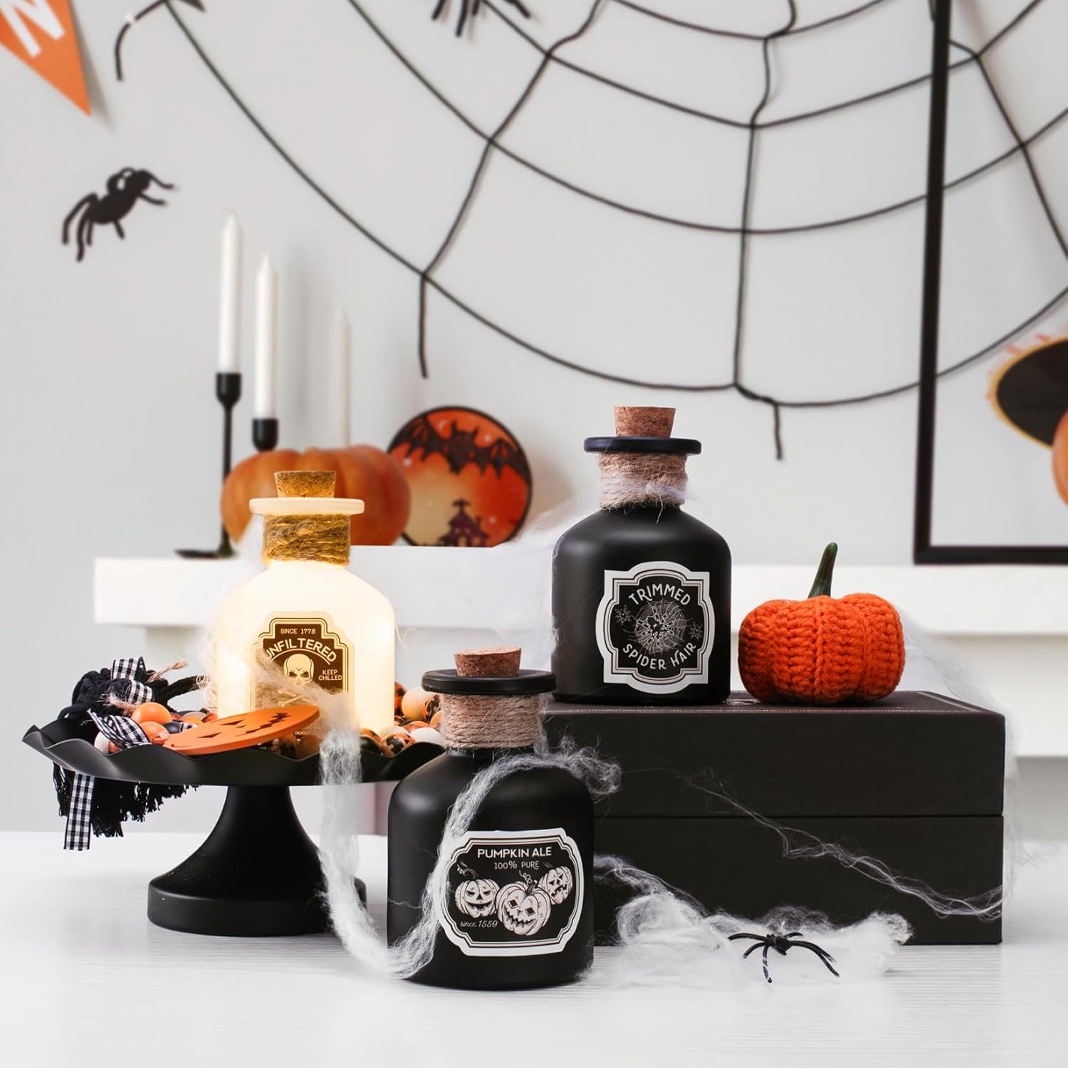 Decoraciones de Halloween para interiores  Decoración de bandeja escalonada de Halloween  3 botellas de poción de vidrio con 6 calcomanías  Botellas