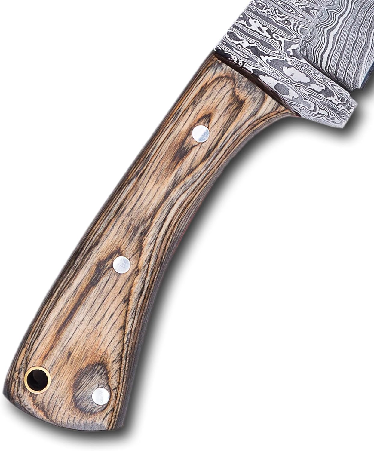 YA FORGE -Cuchillo de caza de 7 pulgadas, cuchillo de supervivencia de acero de Damasco forjado a mano, Handel de madera de Pakka con pasadores de