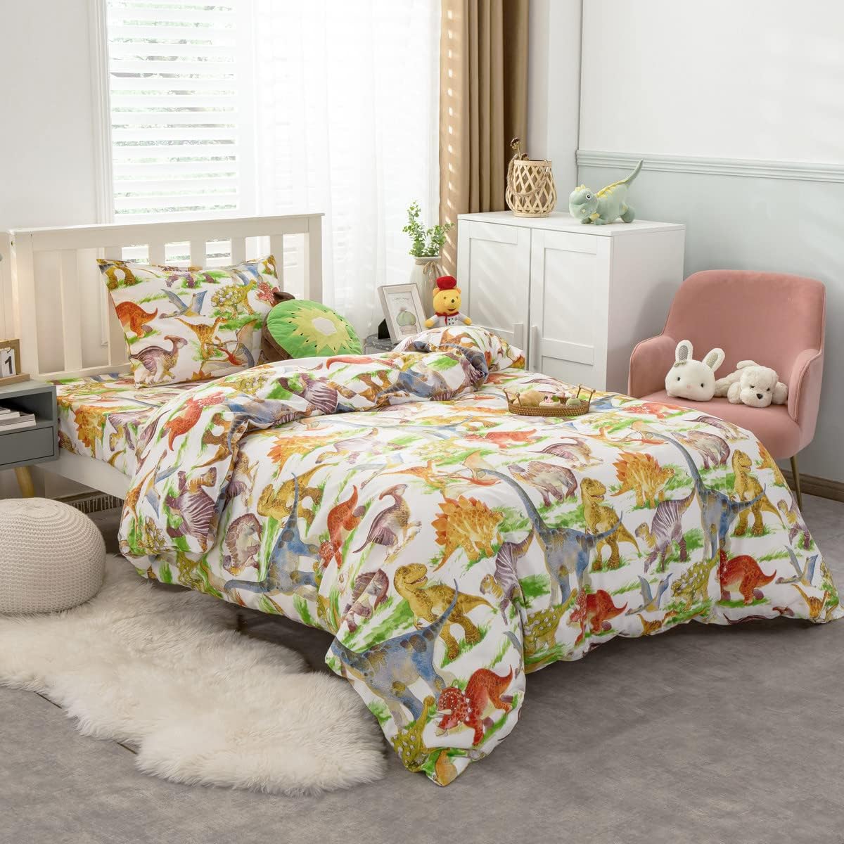 Feelyou Juego de ropa de cama de dinosaurio reversible para niños y niñas, funda de edredón de dinosaurio de 3 piezas, 1 funda de edredón + 2 fundas