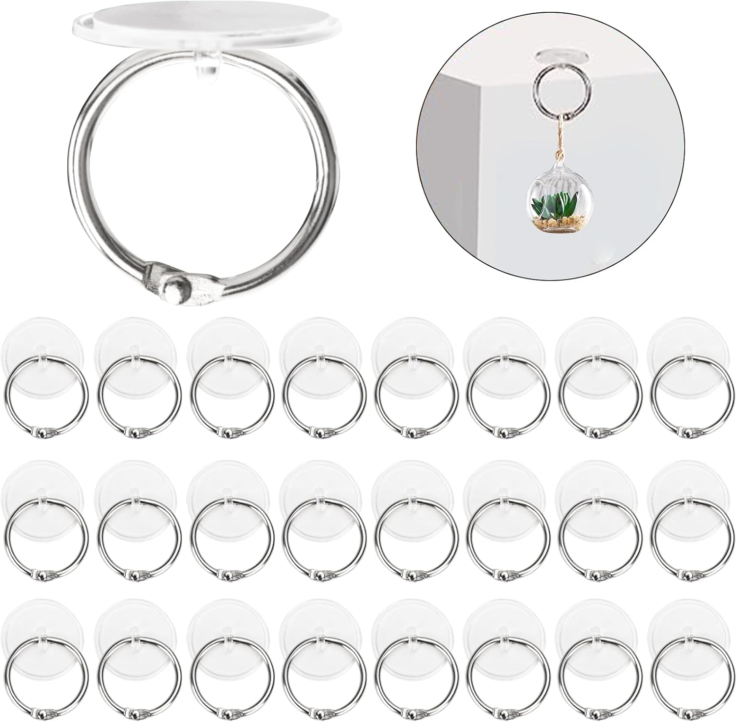 30 ganchos de techo autoadhesivos de 0.8 in, gancho para colgar en disco pequeño con anillo de acero inoxidable de 1.2 in, ganchos de pared