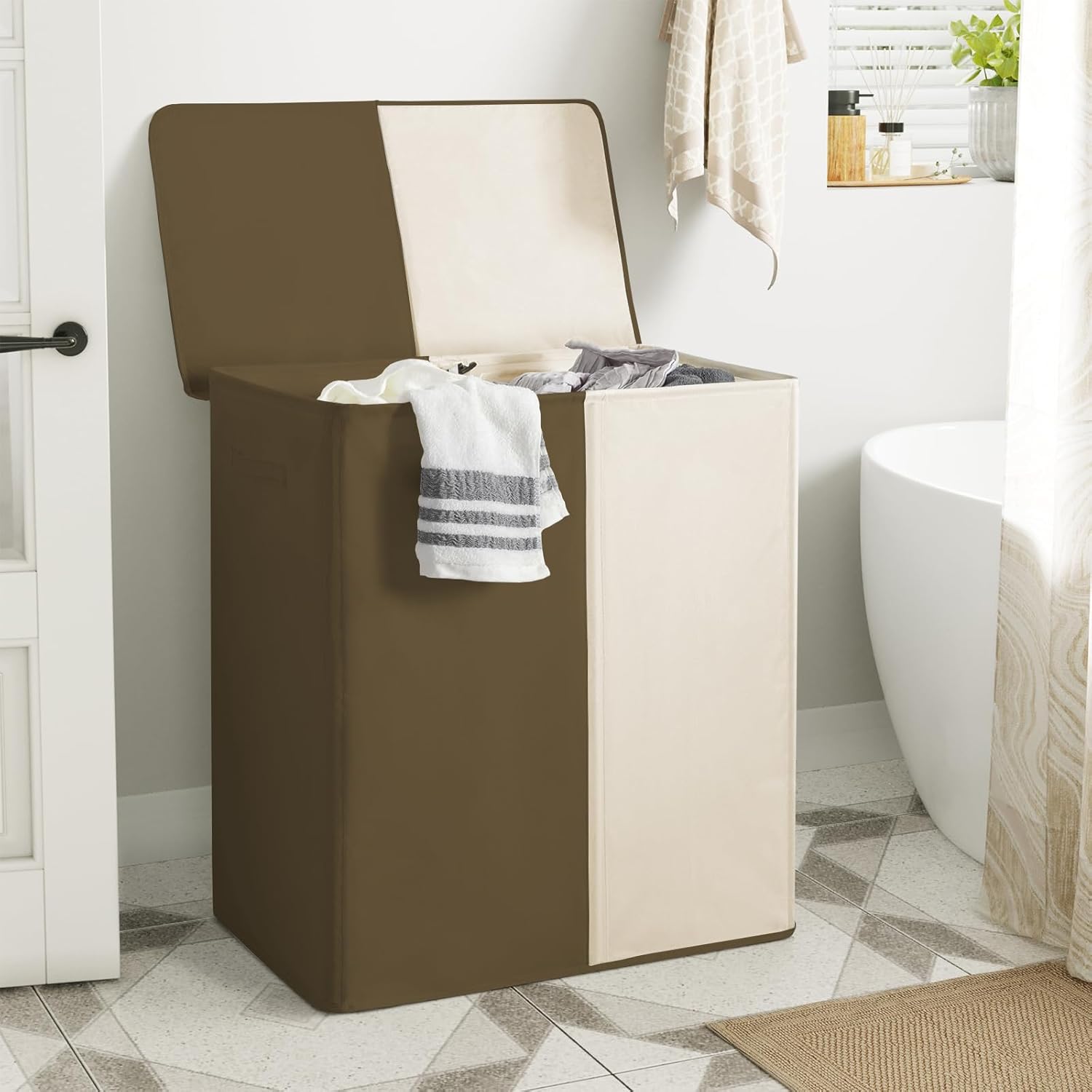 WOWLIVE Cesta de lavandería doble con tapa y bolsas de lavandería extraíbles, cesta grande de 154 litros, cesta de ropa sucia plegable de 2