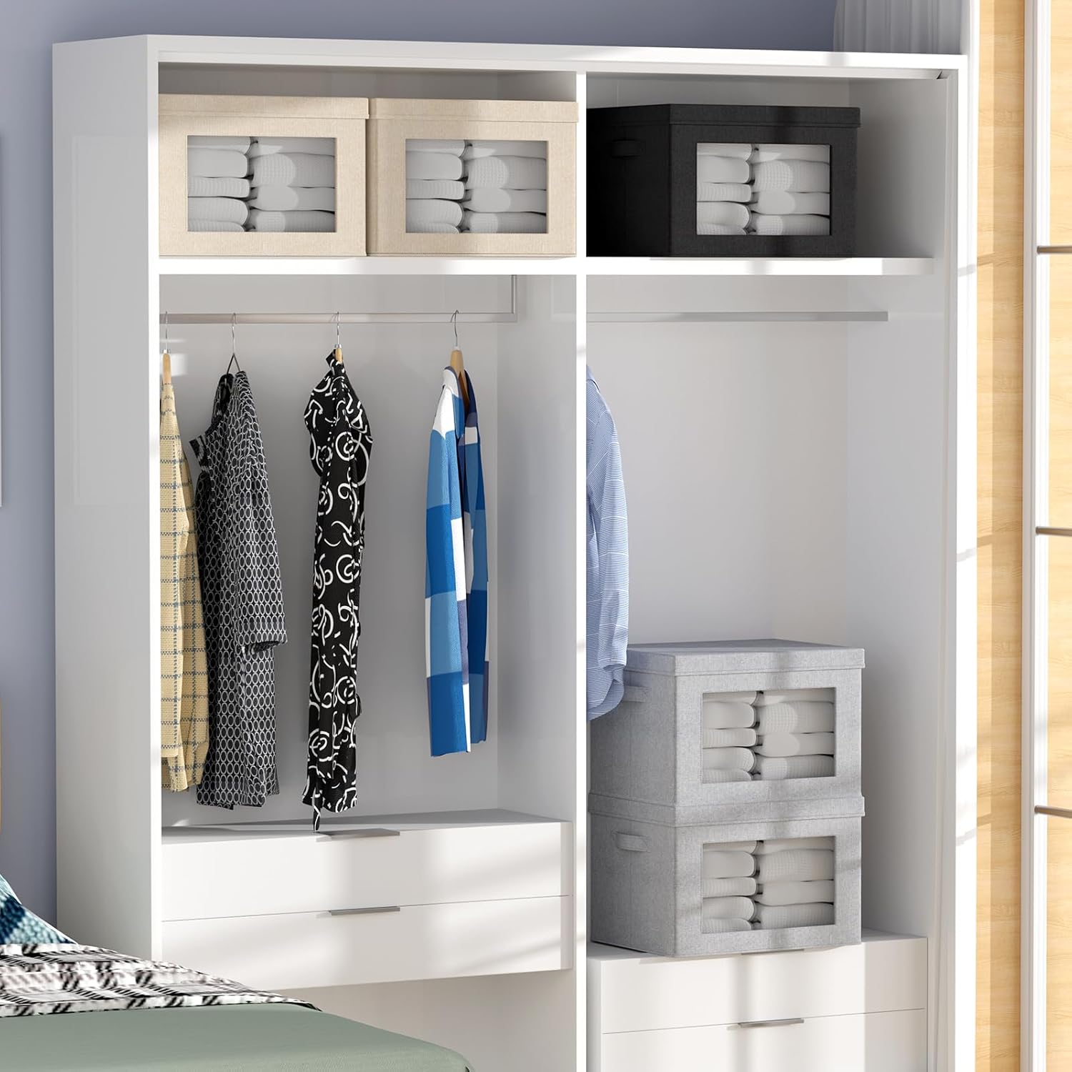 Contenedores de almacenamiento con tapas, cajas de almacenamiento de tela transparente para ventana, cestas de almacenamiento plegables con asas,