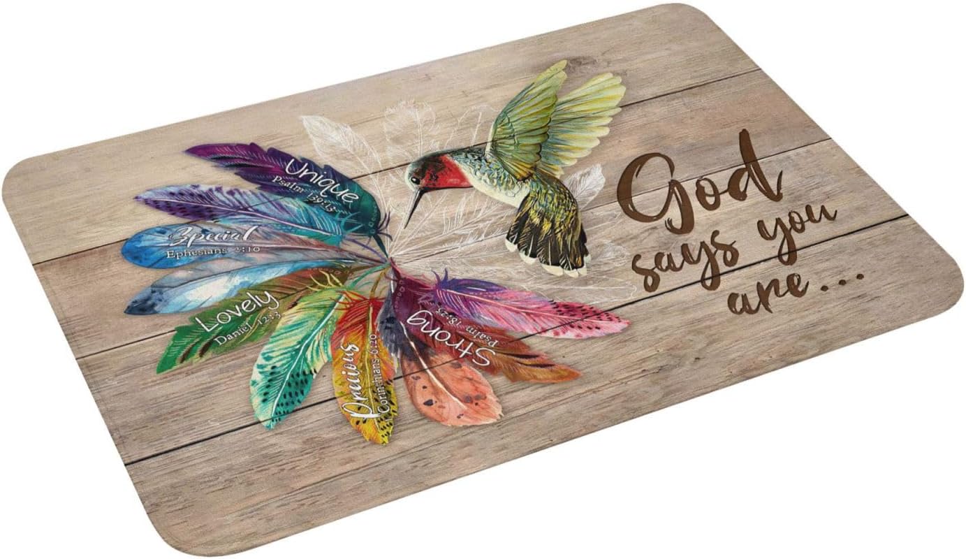 Tapete de baño antideslizante con diseño de colibrí, de secado rápido, lavable, con plumas de Dios dice que eres para baño, cocina, comedor, sala de