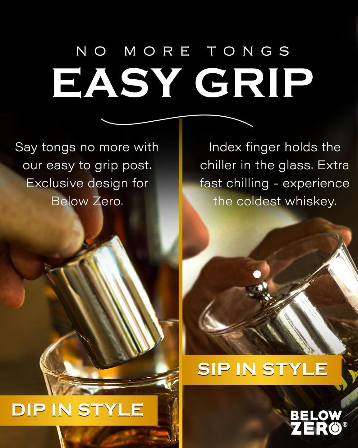 Below Zero Cubos de hielo de acero inoxidable para bebidas, whisky, no más pinzas y enfriadores de perilla de fácil agarre, tecnología de