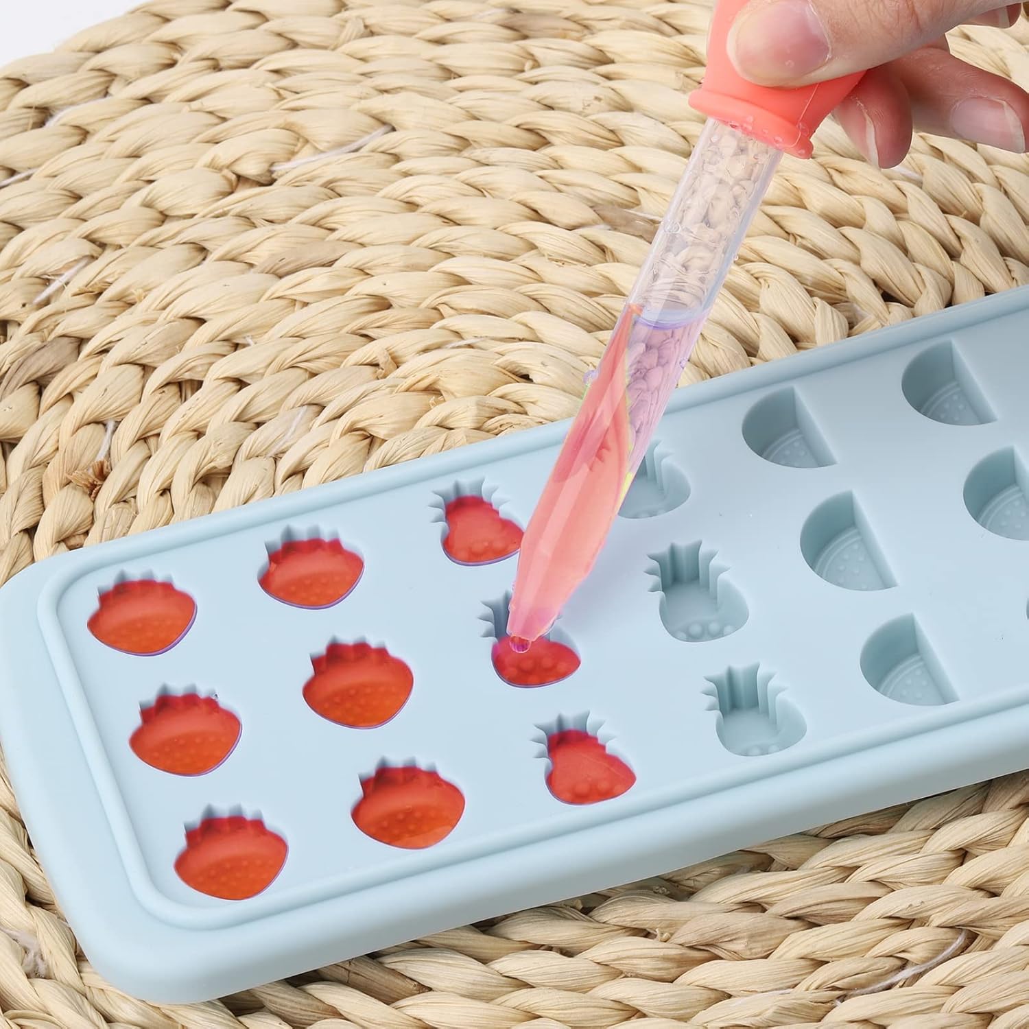 Moldes de silicona en forma de fruta con gotero de líquido, bandejas de hielo de fácil liberación con tapa, 24 cavidades para cubitos de hielo,