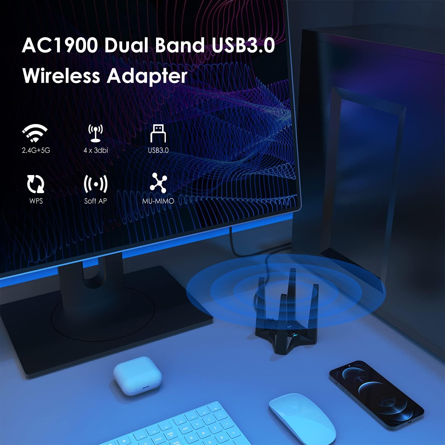 WAVLINK Adaptador WiFi USB 3.0, adaptador de red inalámbrico AC1900 para PC de escritorio, doble banda 5G1300Mbps+2.4G600Mbps con antenas de alta