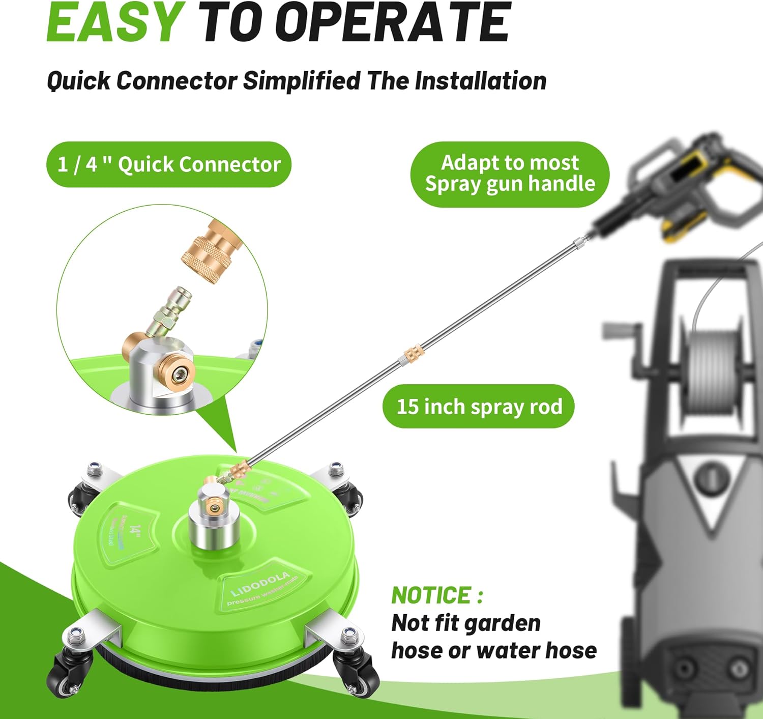 PWS14G – Limpiador de superficies de hidrolavadora de 14 pulgadas con 4 ruedas, limpiador de superficies de acero inoxidable verde recubierto para