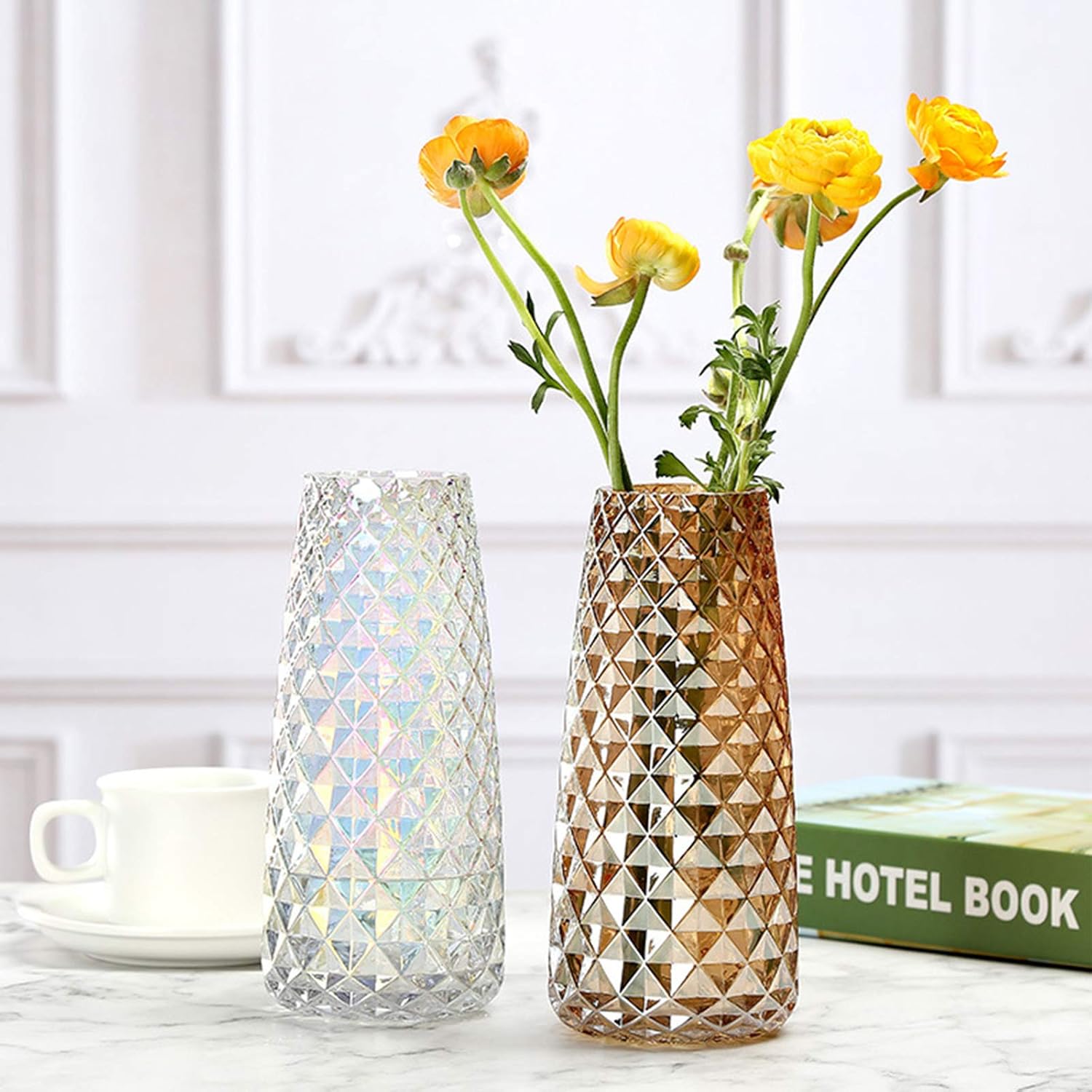 Jarrón de cristal con revestimiento de rejilla, florero transparente decorativo, para la oficina en casa, boda, fiesta de vacaciones y decoración de