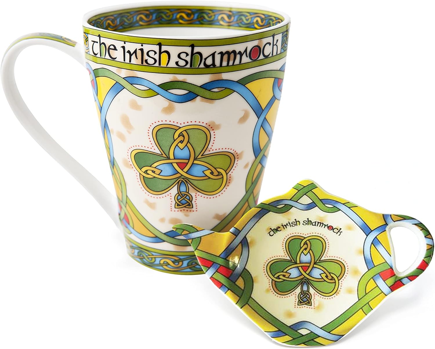 Royal Tara Juego de 1 taza de trébol irlandés y 1 soporte para bolsa de té, caja de tejido irlandés