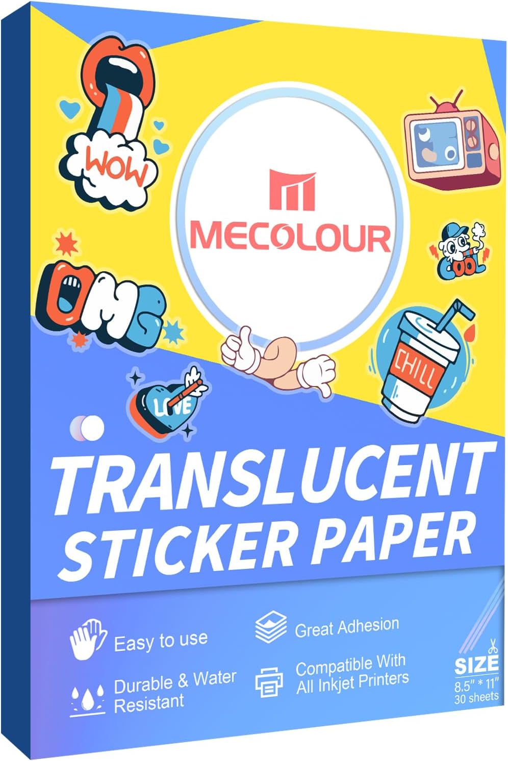 MECOLOUR Papel adhesivo de vinilo imprimible translúcido, impermeable, 8.5 x 11 pulgadas para impresora de inyección de tinta e impresora láser, 30