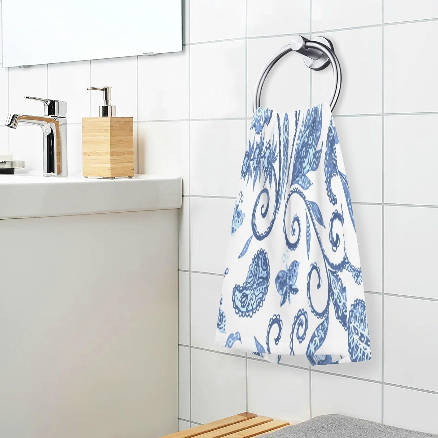 Juego de 2 toallas de algodón, toalla facial de secado rápido con flores azules y blancas, toallas de mano suaves y transpirables para baño,