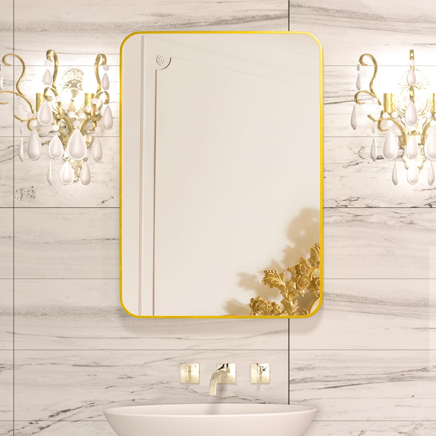 Manocorro Espejo de pared para baño, 20 x 28 pulgadas, espejo rectangular dorado con marco de aleación de aluminio, espejo colgante de esquina