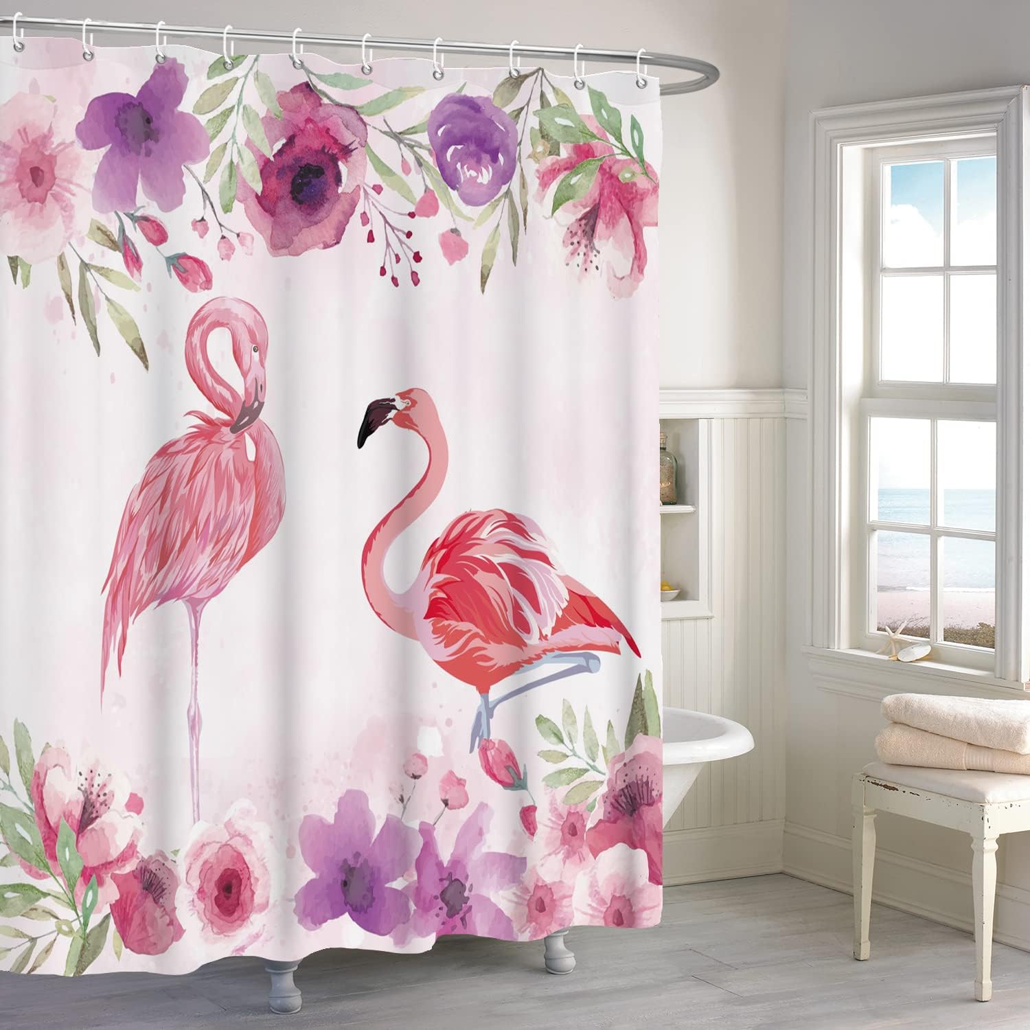 Cortinas de ducha de flamenco rosa para baño, cortina de ducha floral de 72 pulgadas de ancho x 72 pulgadas de largo, hoja de palma verde, planta