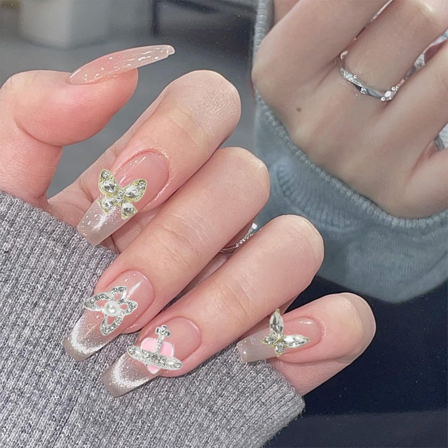 24 dijes de uñas de mariposa con diamantes de imitación de perlas y piedras preciosas de aleación de mariposa para arte de uñas, suministros de
