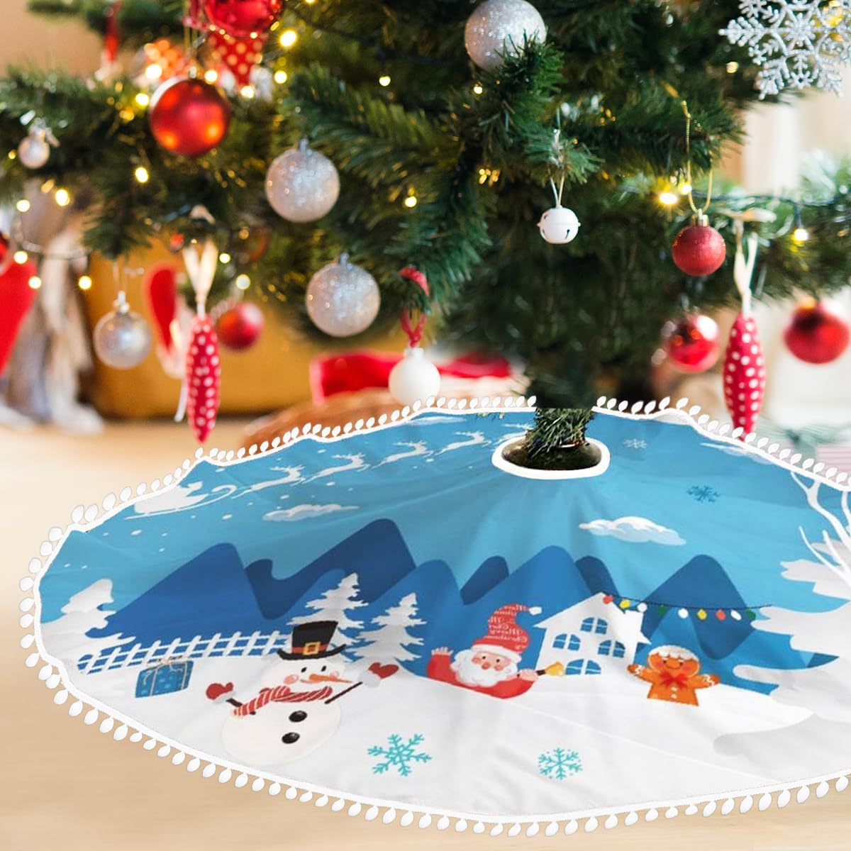 Falda de árbol de Navidad azul de 36 pulgadas con ribete de pompones, tapete de árbol de Navidad blanco con bonito Papá Noel, reno, gnomo, granja,