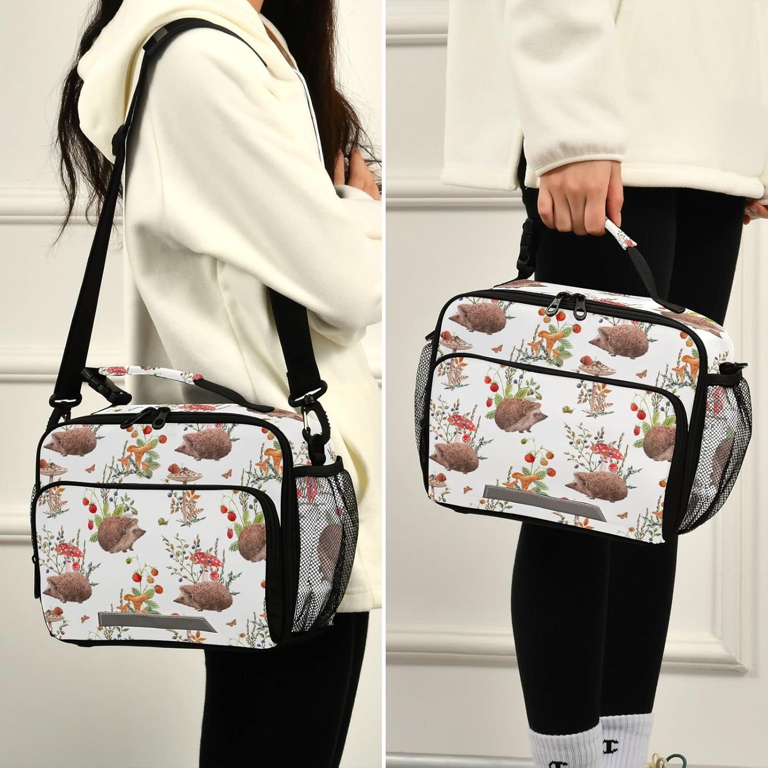 Naanle Bolsa de almuerzo de erizo de otoño en acuarela con correa ajustable para el hombro, aislada, a prueba de fugas, caja de picnic, doble