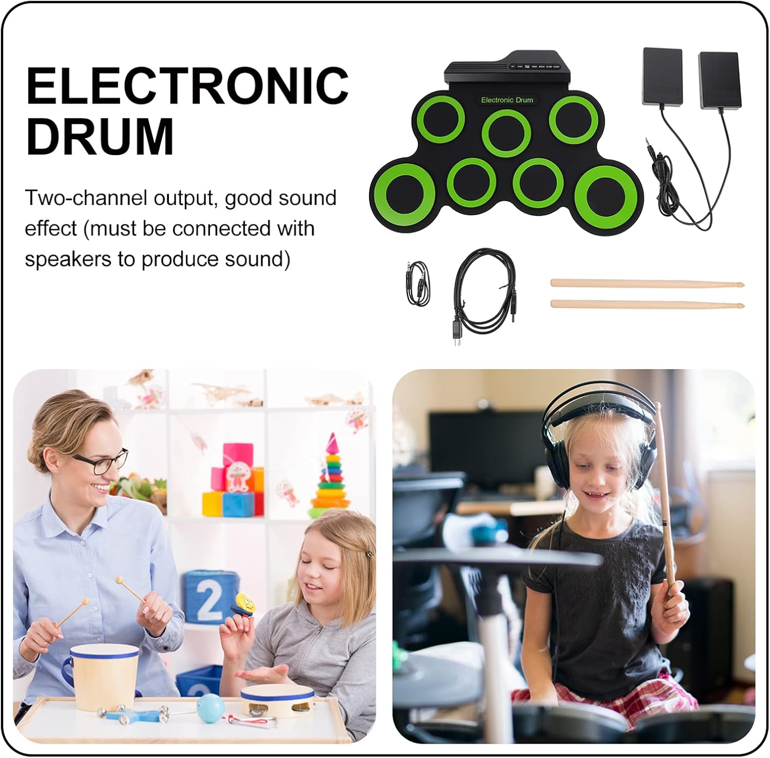 Generic Juego de batería electrónica portátil, almohadilla de práctica enrollable midi, kit de batería con pedales de pie de gato, 10 horas de