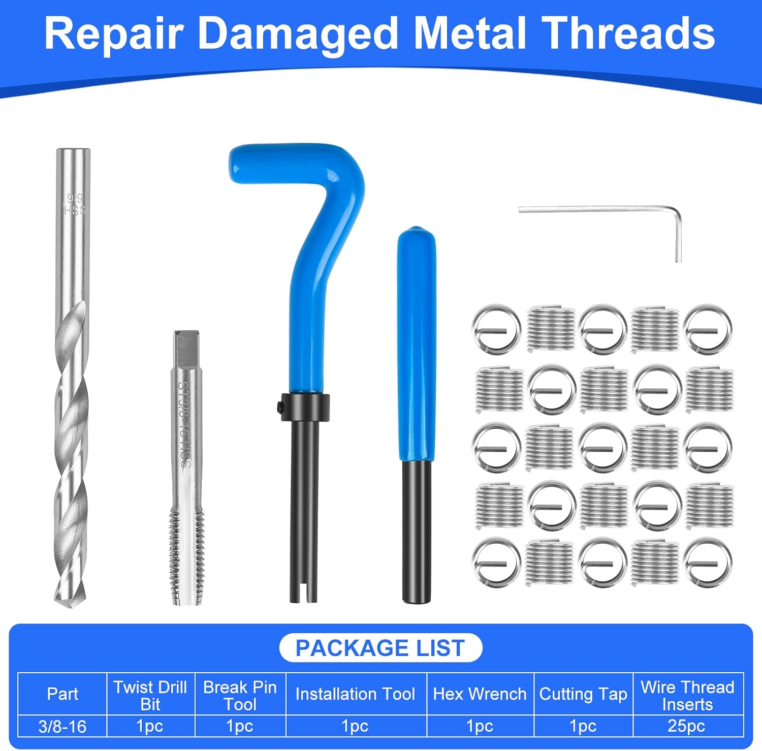 Kit de reparación de roscas SAE de 38-16 pulgadas, kit de reparación de helicoidales de taladro HSS de 38-16 pulgadas para reparación de agujeros de