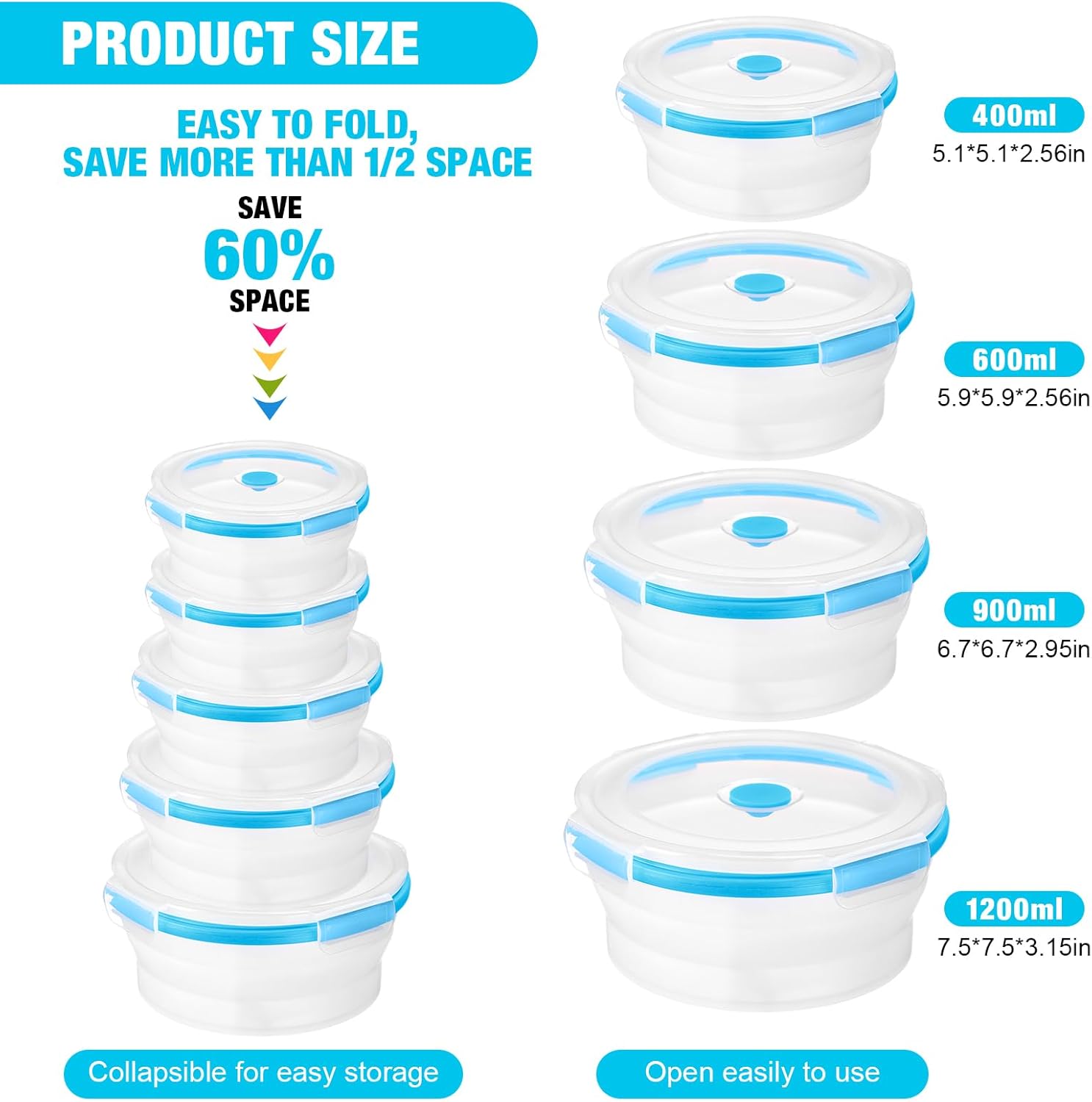 Juego de 12 recipientes plegables de silicona para almacenamiento de alimentos, contenedor plegable de silicona redondo para almacenamiento de