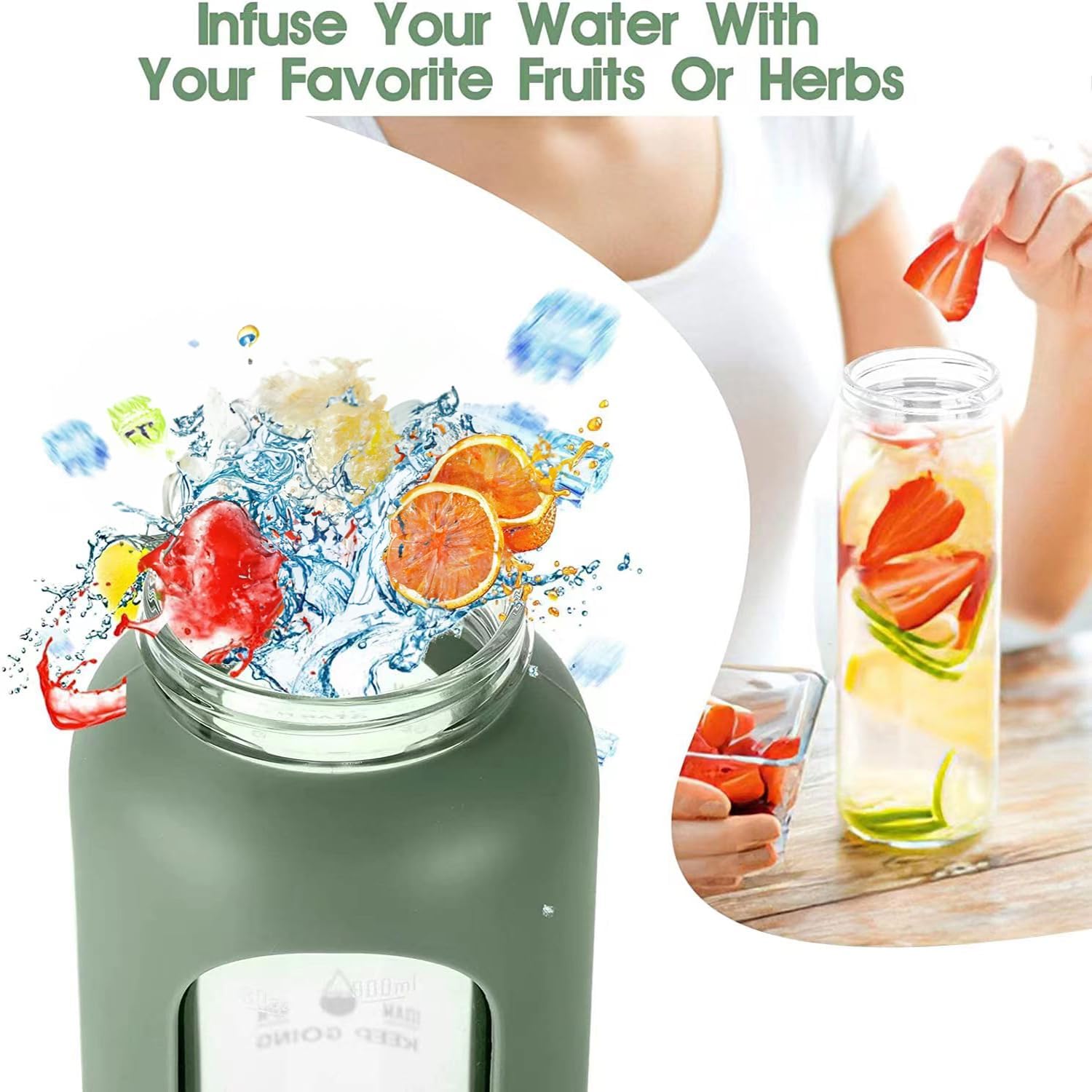Botellas de agua de vidrio de 32 onzas con pajilla, botella de agua de vidrio motivacional con marcador de tiempo y funda de silicona (gris)