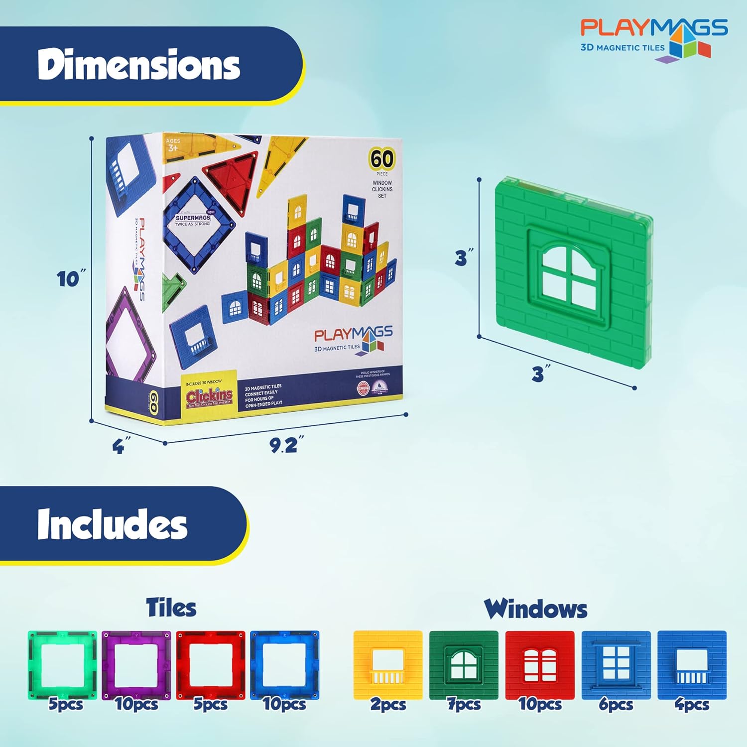 Playmags Exclusivo Juego de 60 piezas – Juego de azulejos magnéticos 3D, 30 marcos de ventana y 30 ventanas de clic, azulejos de construcción de