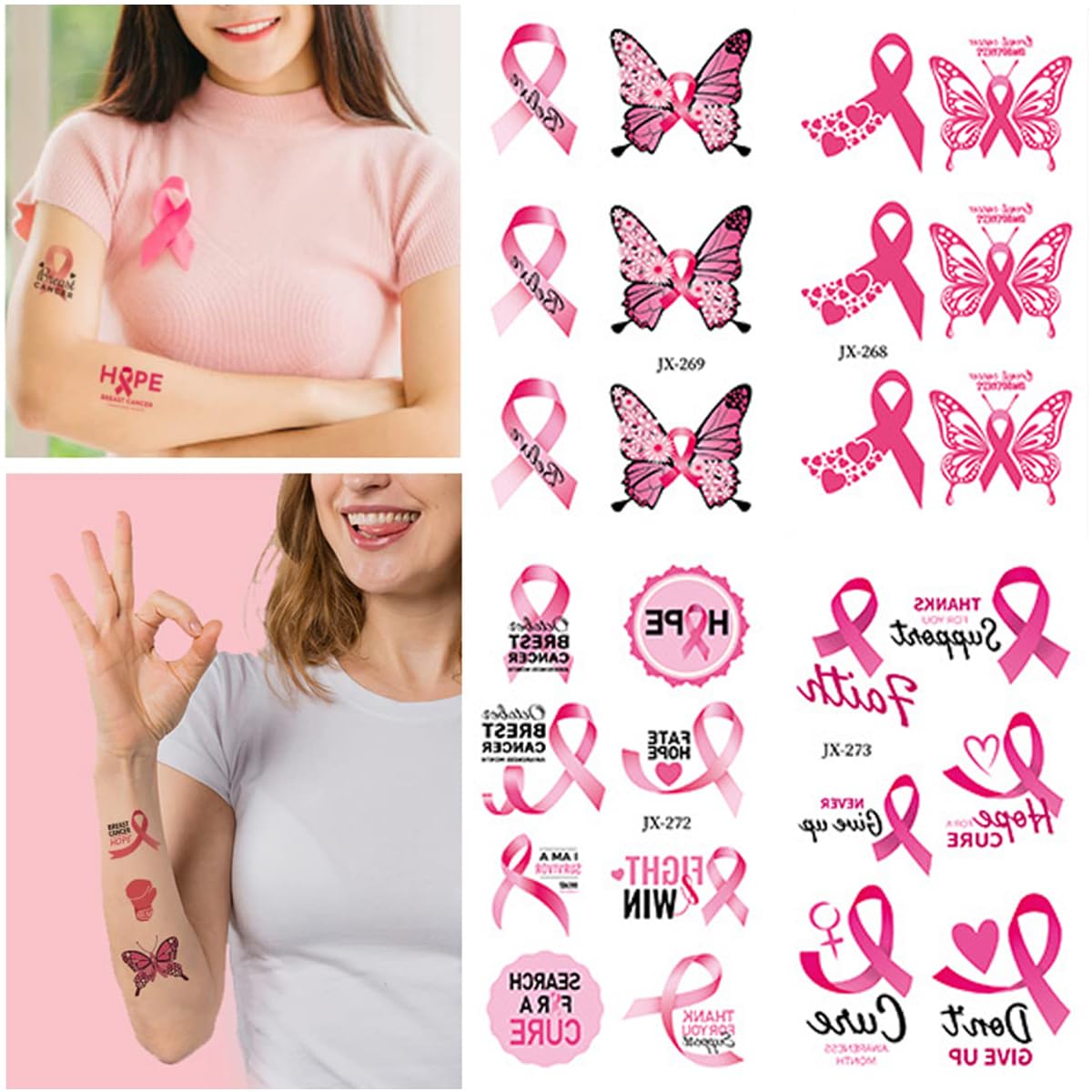 Tatuajes temporales de cáncer de mama para mujeres, 10 hojas de decoración de fiesta de cáncer de mama, cinta rosa, tatuajes falsos, regalos para