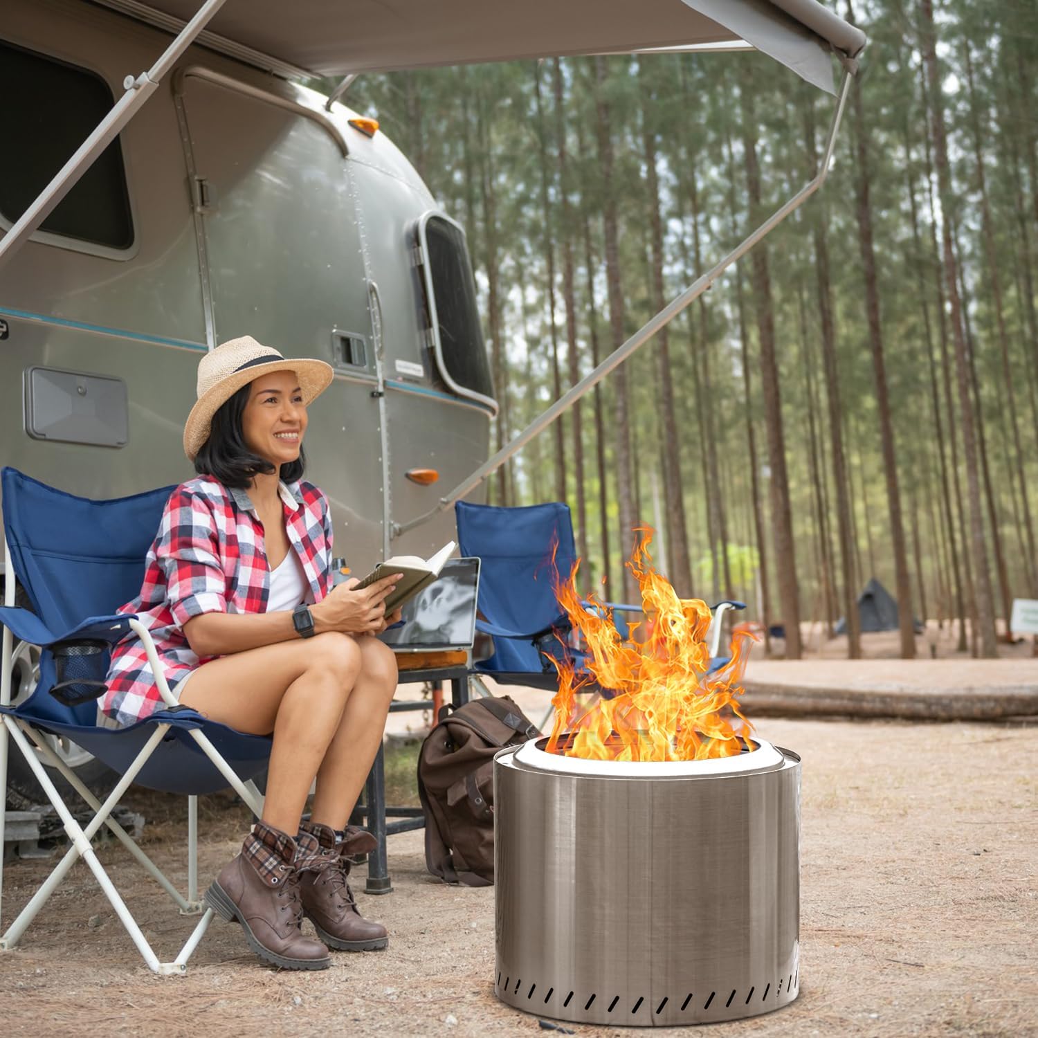 OutVue Fogata de acero inoxidable de 19.5 pulgadas sin humo, fogata sin humo para exteriores, fogata de leña para campamento, hoguera, hoguera con