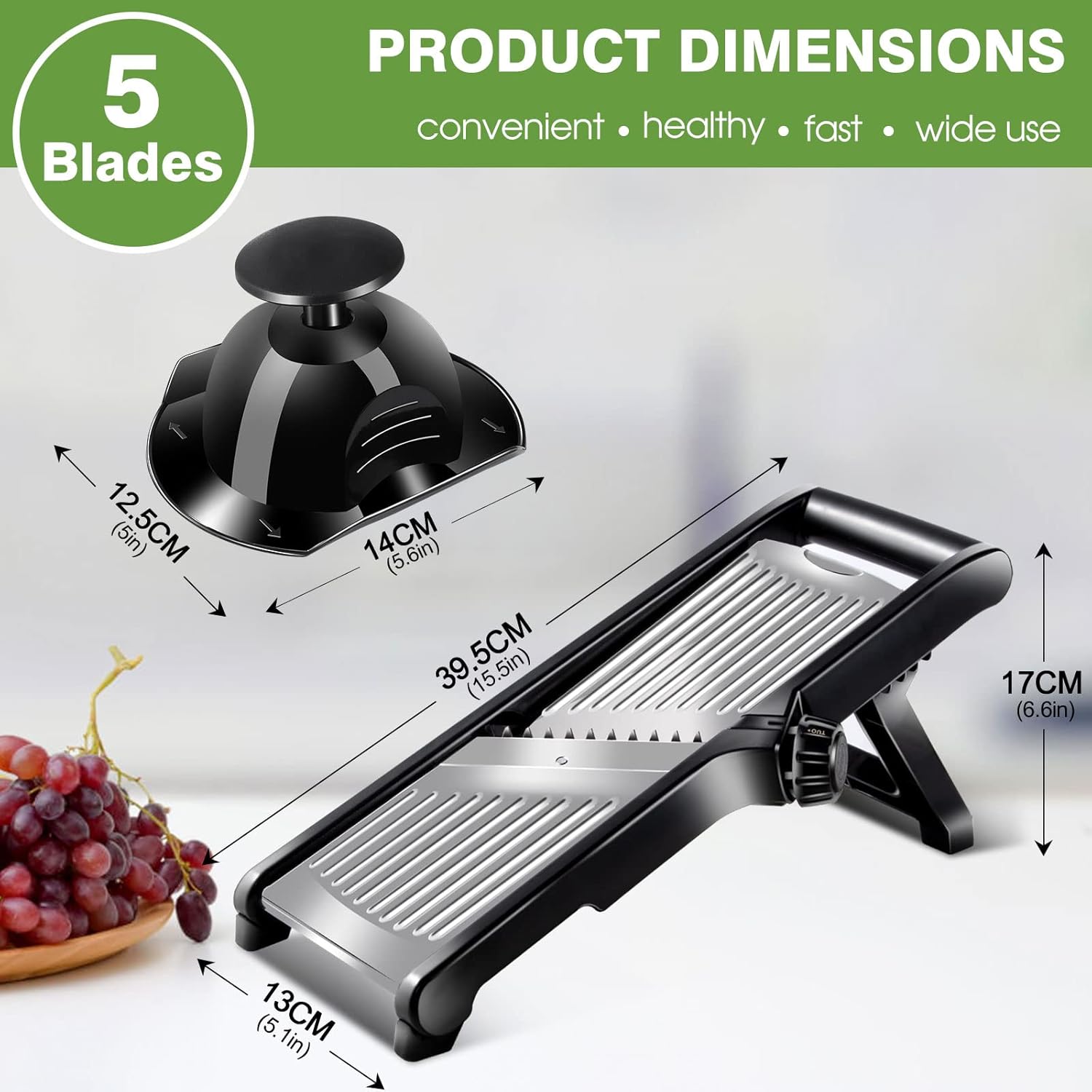 Almcmy Cortador de mandolina para cocina, cortador de alimentos de mandolina ajustable de acero inoxidable con guantes resistentes a cortes, picador