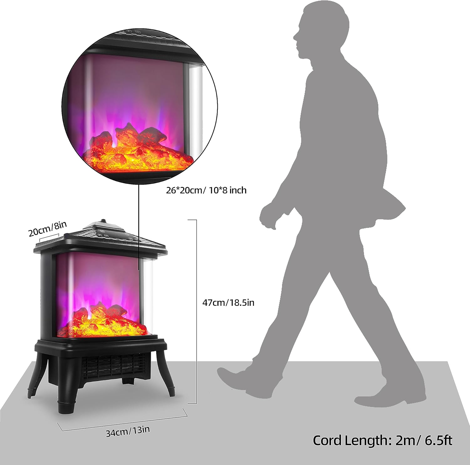 TOONLUPAL Calentador eléctrico de chimenea con control remoto de 1500 W, calentador de estufa independiente portátil, efecto de llama realista, 7