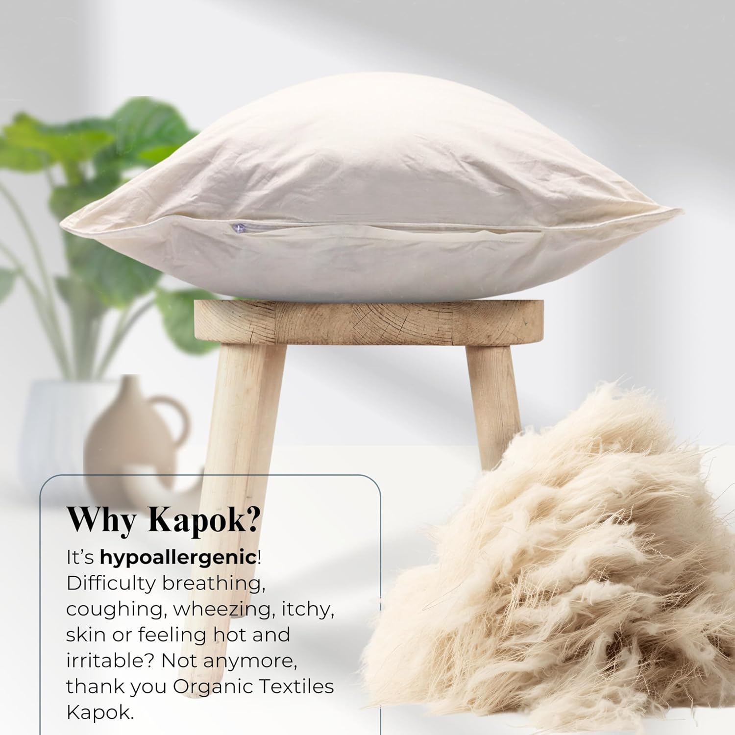 ORGANIC TEXTILES Almohada Kapok 100% orgánica con funda extraíble de algodón orgánico natural, lavable a máquina, funda ventilada con relleno