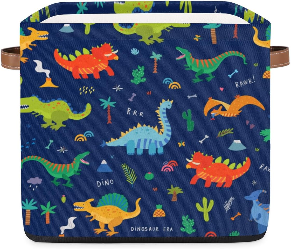 Colección de lindos dinosaurios de dibujos animados, caja de almacenamiento plegable de tela, 13 x 13 x 13 pulgadas, cubos cuadrados con asas, para