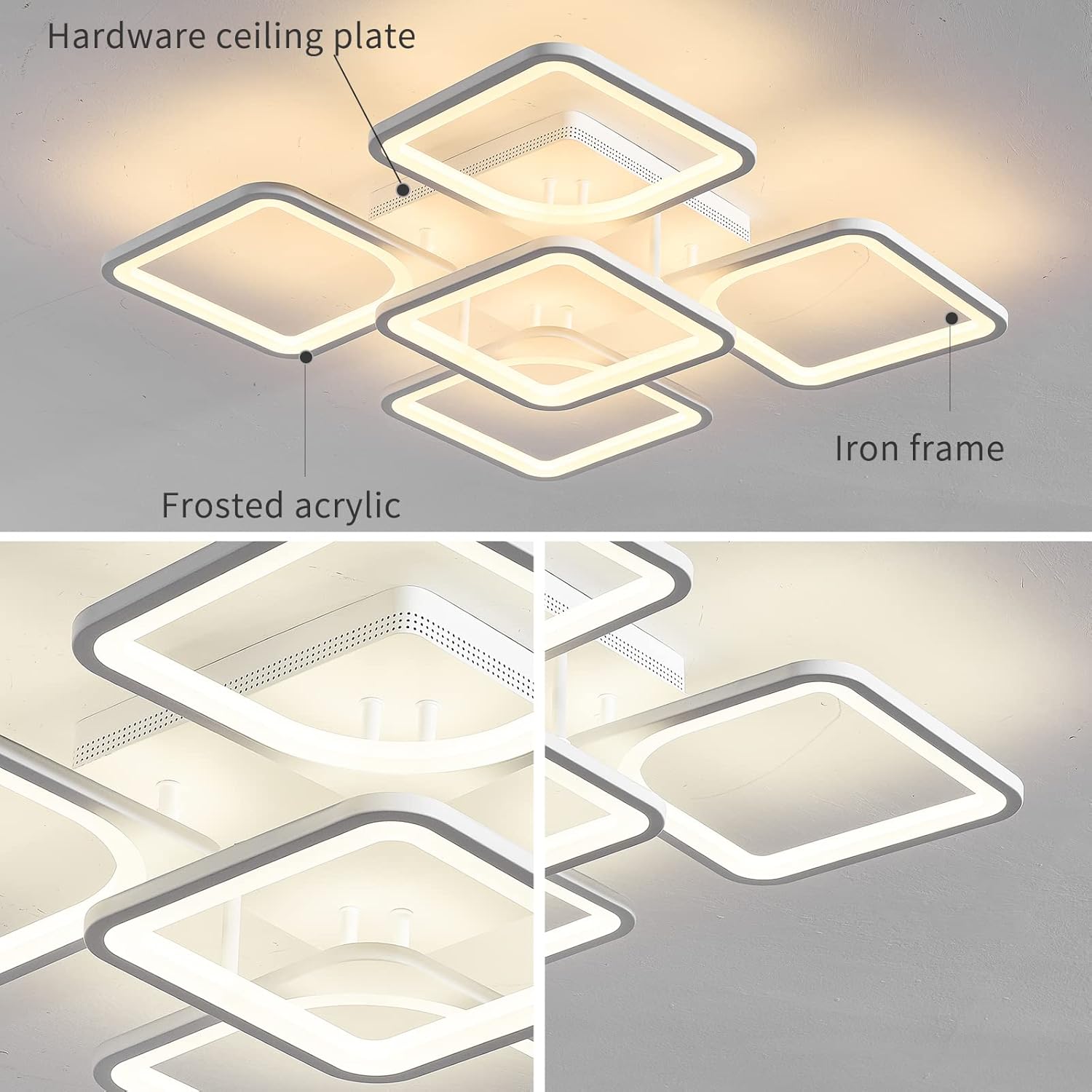 Jaycomey Lámpara de techo LED moderna regulable, 23.6 pulgadas, montaje empotrado, con control remoto, lámpara de techo acrílica de 5 cuadrados para