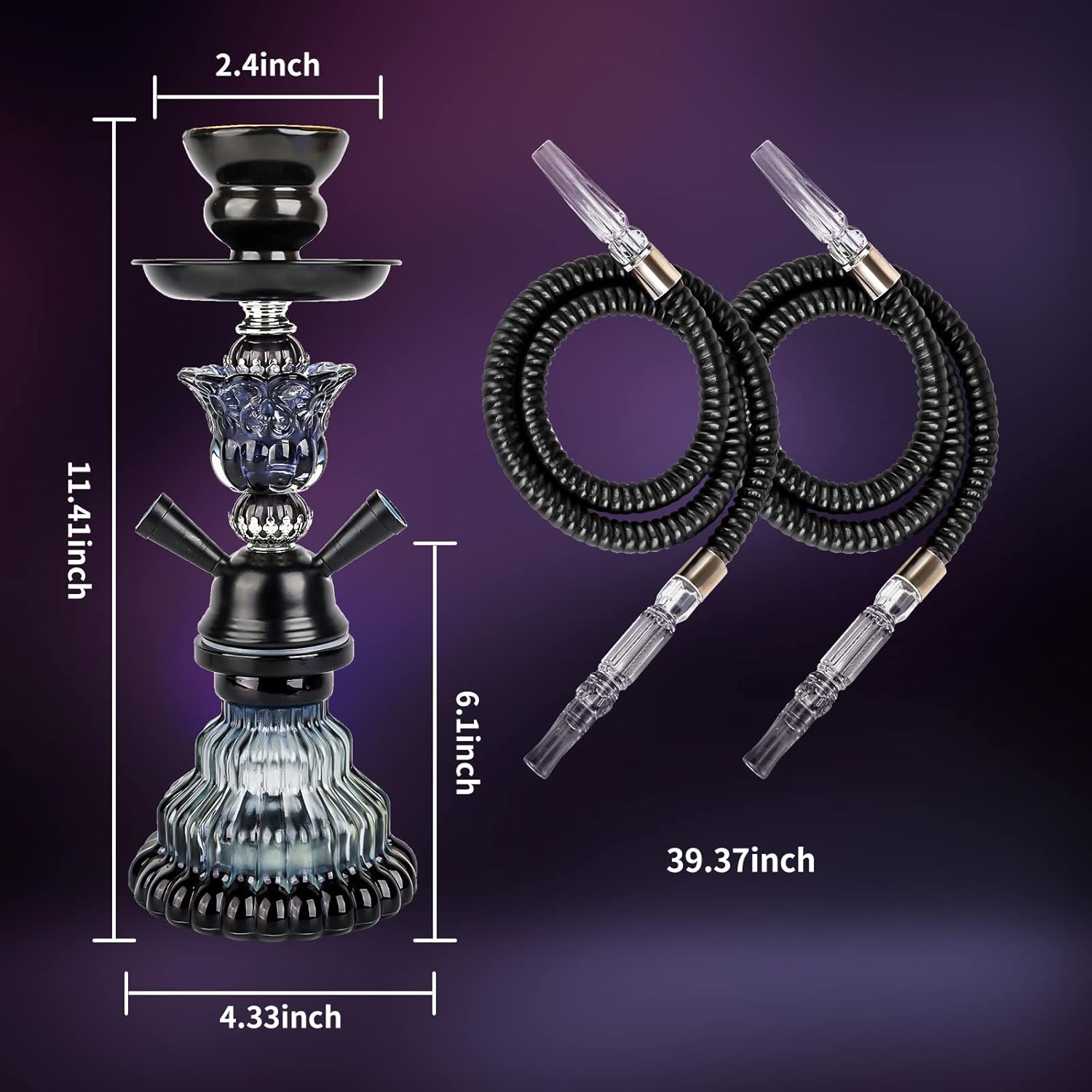 Juego de 2 mangueras de cachimba  Juego de cachimba pequeño de 11 pulgadas con jarrón de vidrio, cuenco de cerámica, manguera de cuero, pinzas de