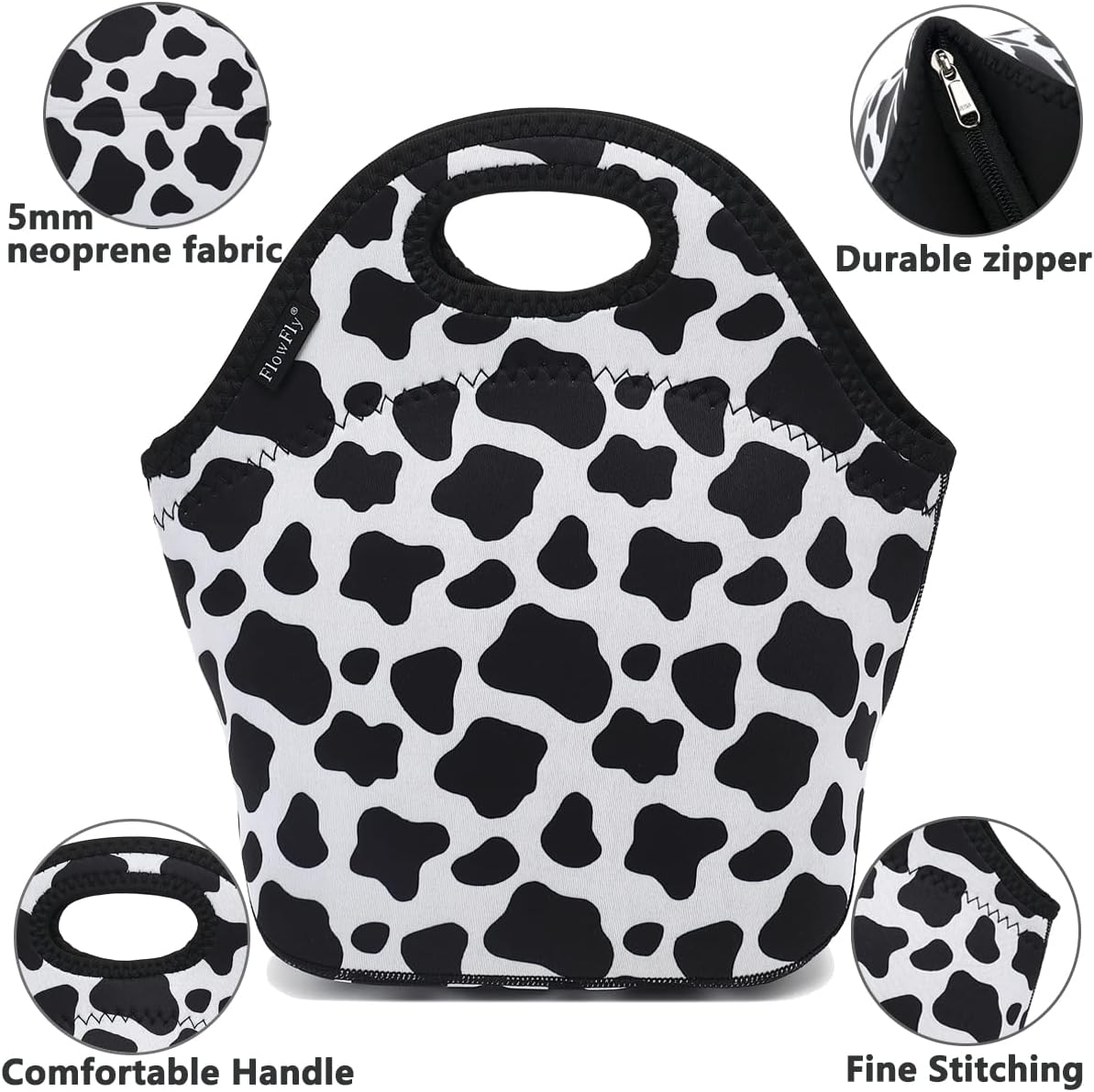 FlowFly Neoprene Kids Lunch box Insulated Soft Bag Mini Cooler Thermal Meal Tote Kit for Boys, Girls,Men,Women,School,Work, Office, Cow