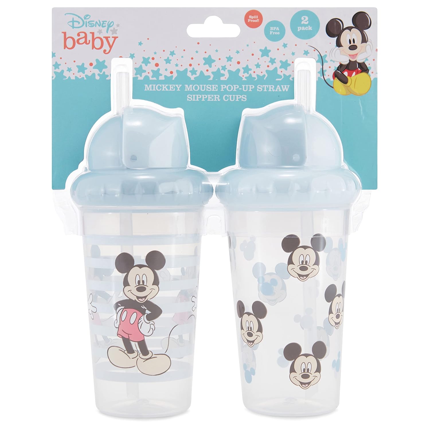 Disney Vasos para sorber para niños y niñas  Paquete de dos vasos para sorber de 10 onzas con popote y tapa, botella de agua de viaje azul duradera