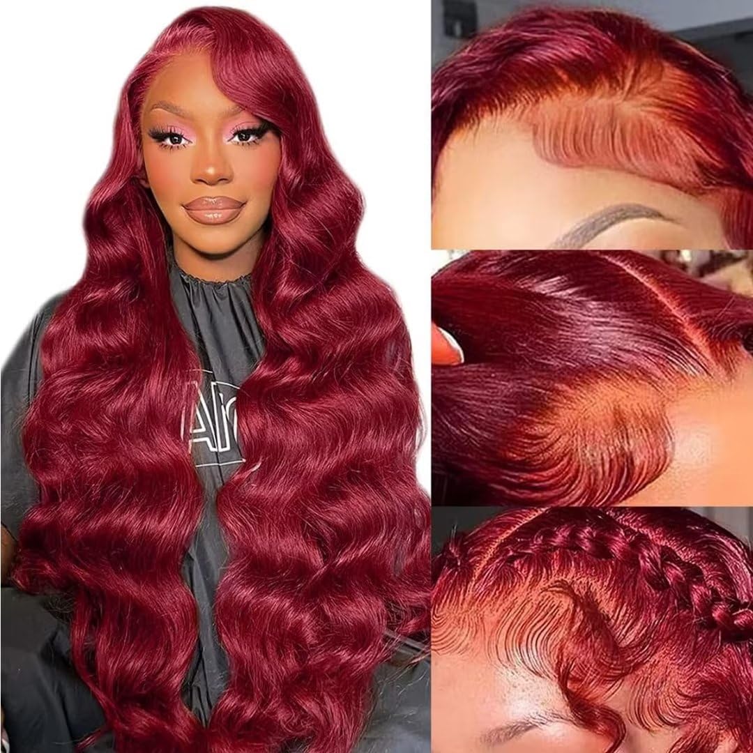 Aaliweya Pelucas de cabello humano con encaje frontal color borgoña 99j de 34 pulgadas, 13×4, sin pegamento, color rojo vino, pelucas con encaje