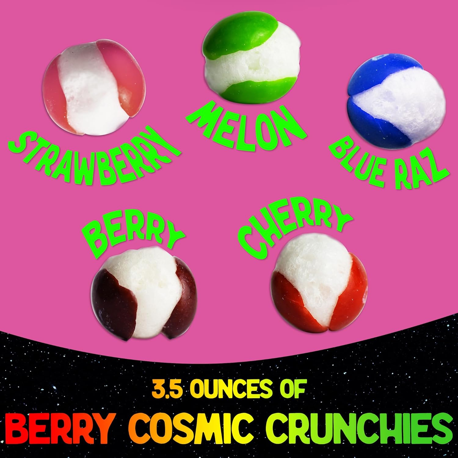Paquete variado liofilizado premium con 2 tipos de dulces liofilizados  Chamoy Cosmic Crunchies y Berry Cosmic Crunchies se envían en caja de nave
