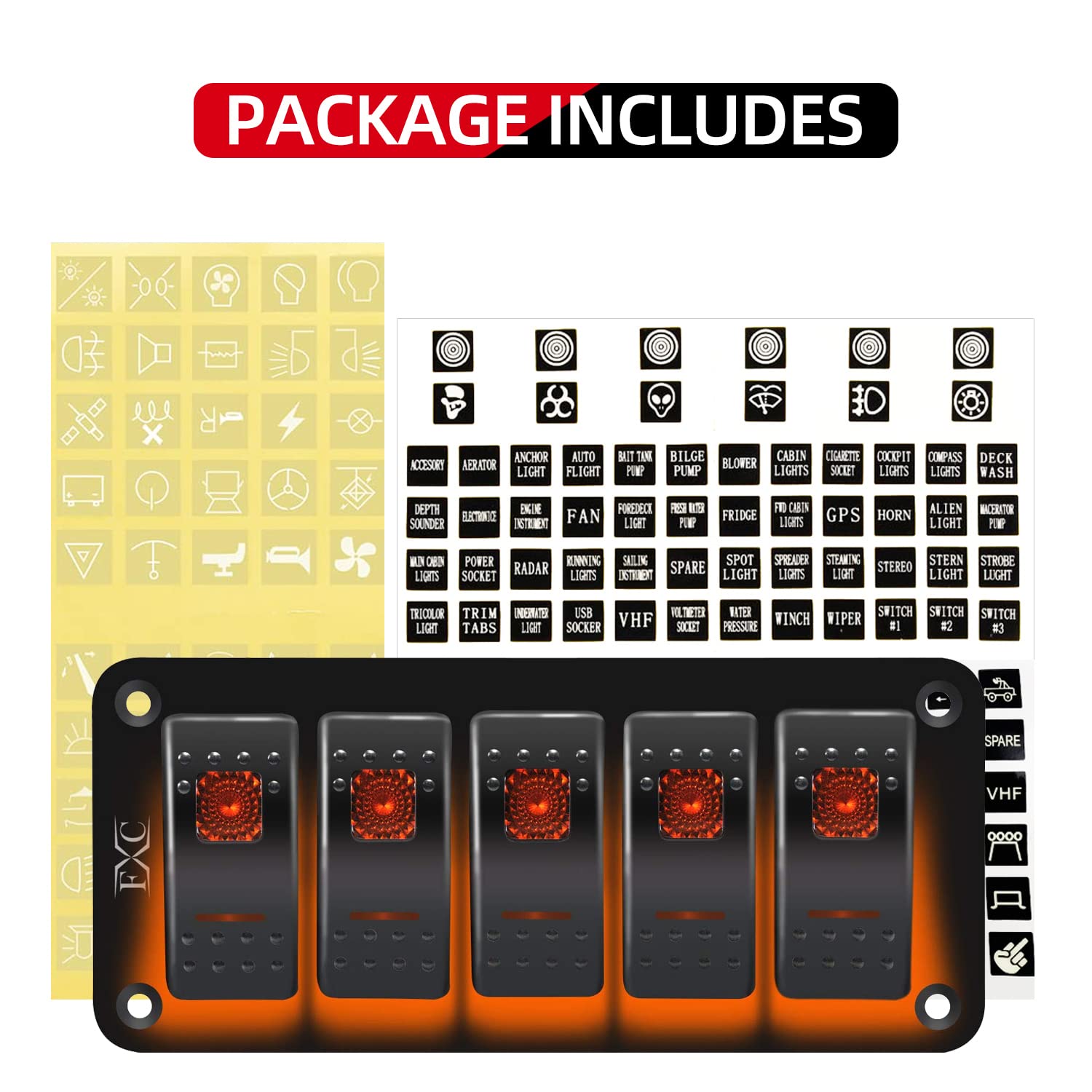 FXC Interruptor basculante de aluminio, 5 cuadrillas, 5 pines, encendidoapagado, 2 LED retroiluminados para barco, coche, color naranja marino