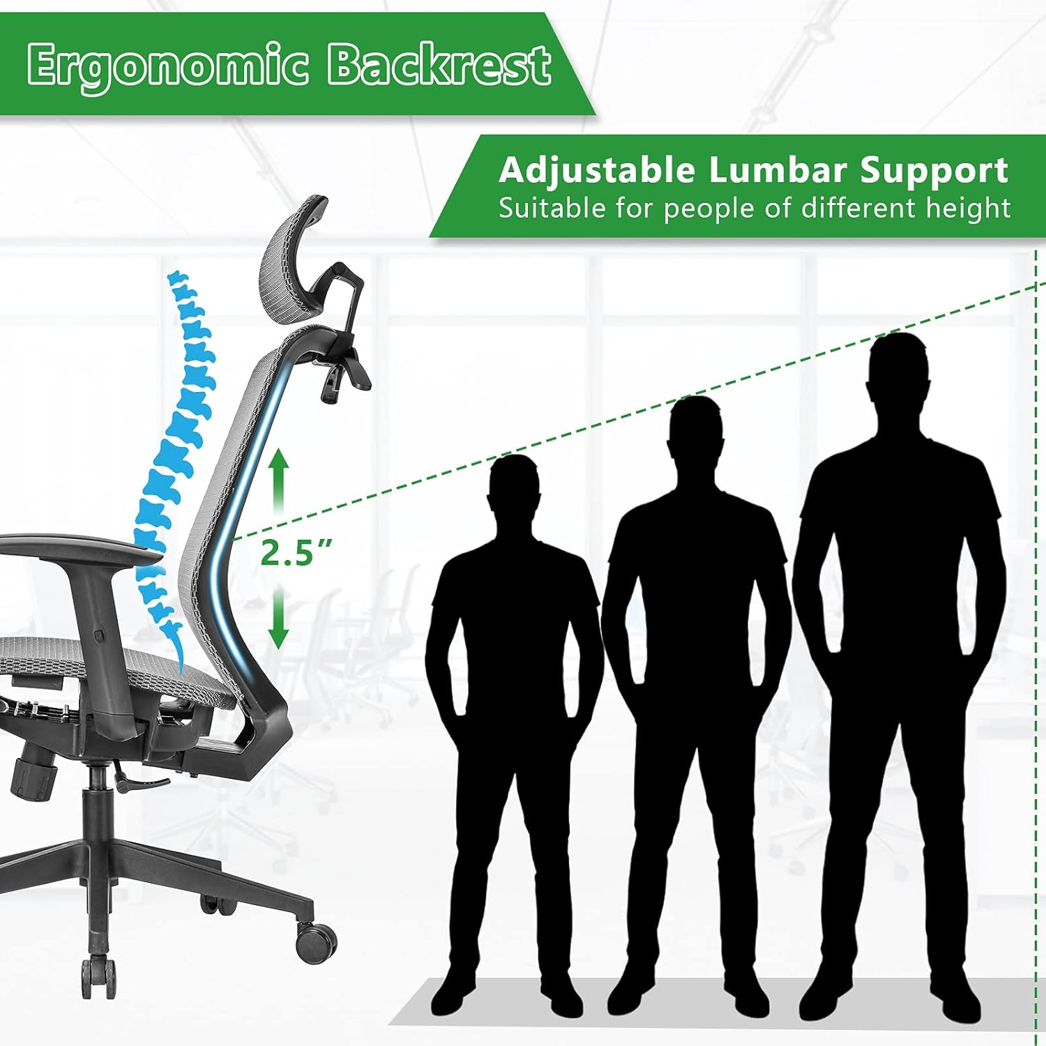 BestComfort Silla de oficina de malla con respaldo alto, silla ejecutiva ergonómica con ángulos reclinables ajustables, soporte lumbar,