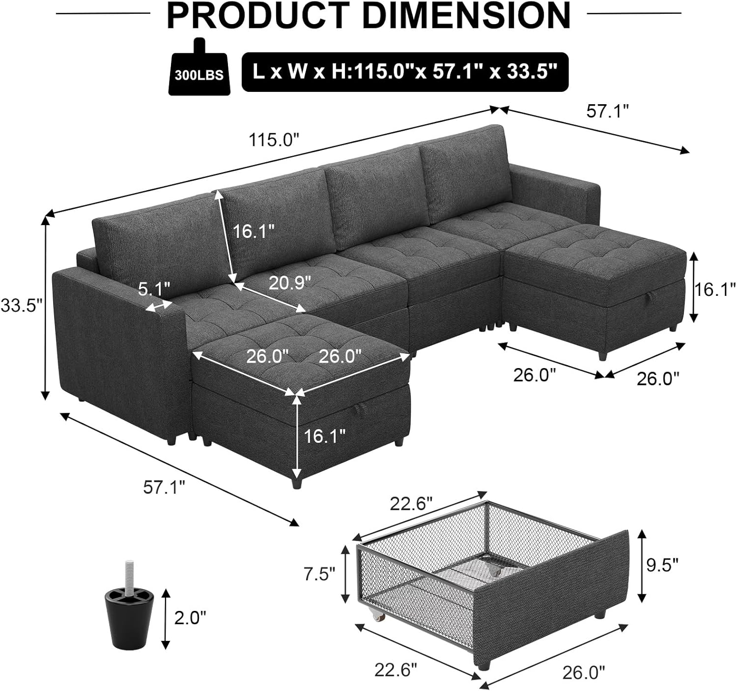 Belffin Sofá modular modular modular en forma de U con cajones de almacenamiento, sofá extraíble de 6 plazas con tumbonas, modular de gran tamaño