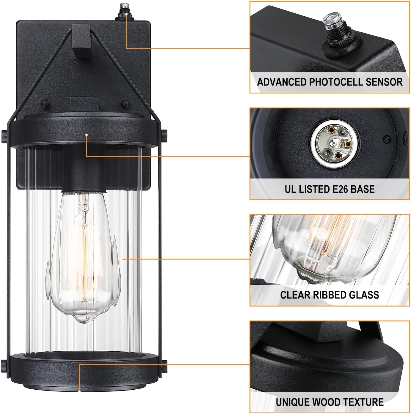 LONEDRUID Paquete de 2 lámparas de pared para exteriores, con sensor de anochecer a amanecer, farol negro para porche exterior, impermeable, montaje