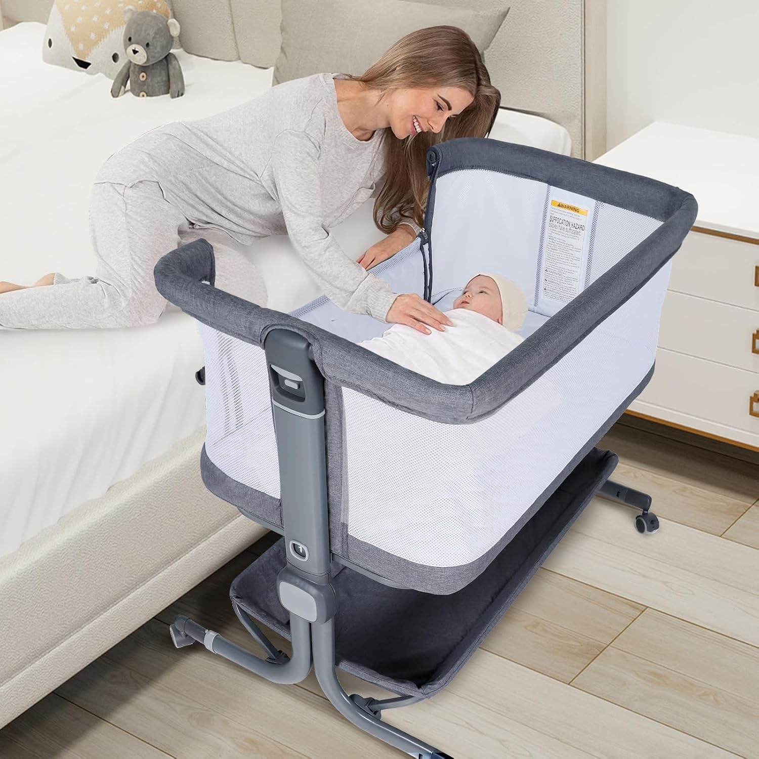 TODEFULL Cuna para bebé con ruedas, fácil de plegar portátil, para recién nacidos, con cesta de almacenamiento, cuna de viaje infantil de malla de