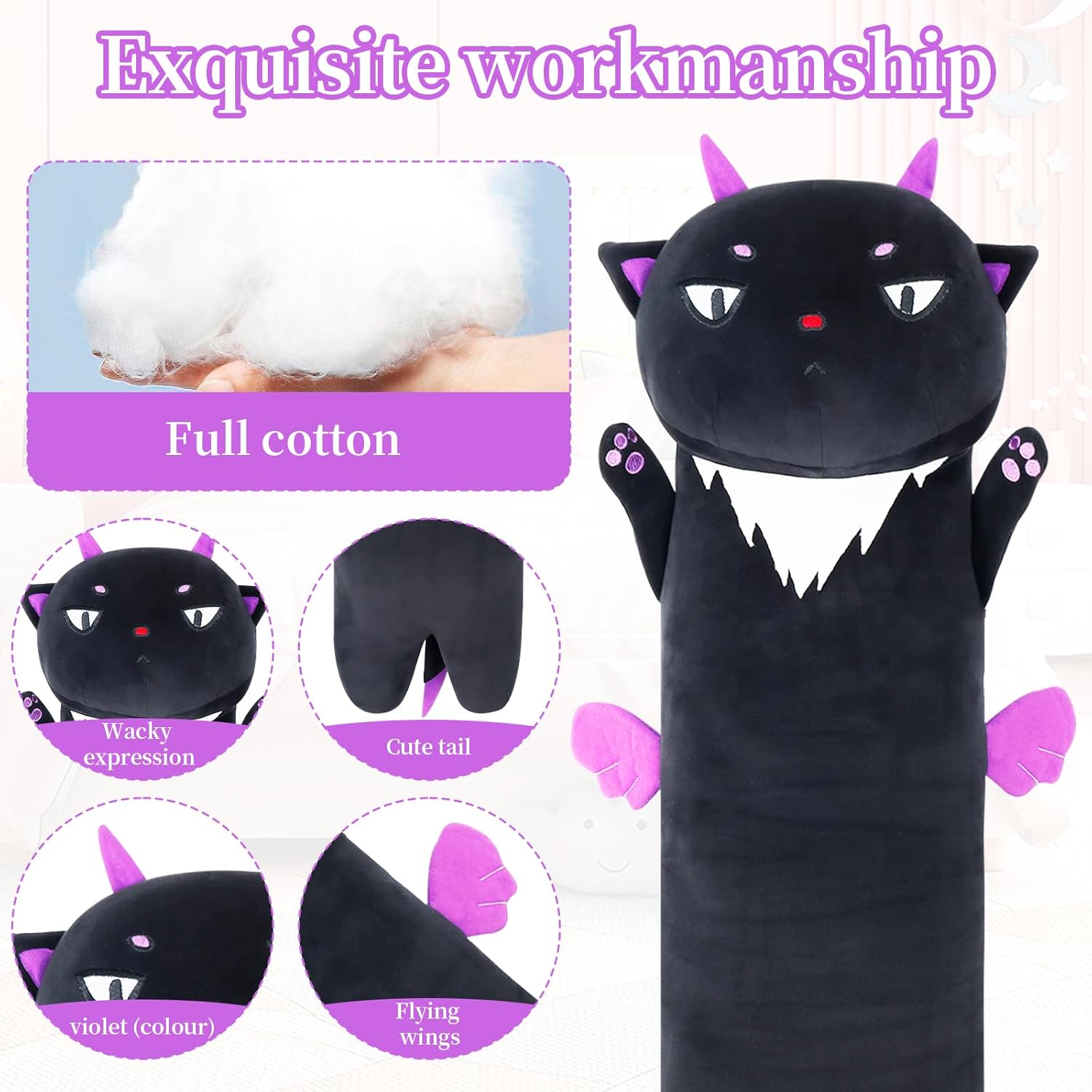 Almohada larga de peluche de gato negro, 27.6 pulgadas, lindos animales de peluche suaves, almohada de felpa de gatito, juguete de regalo para el