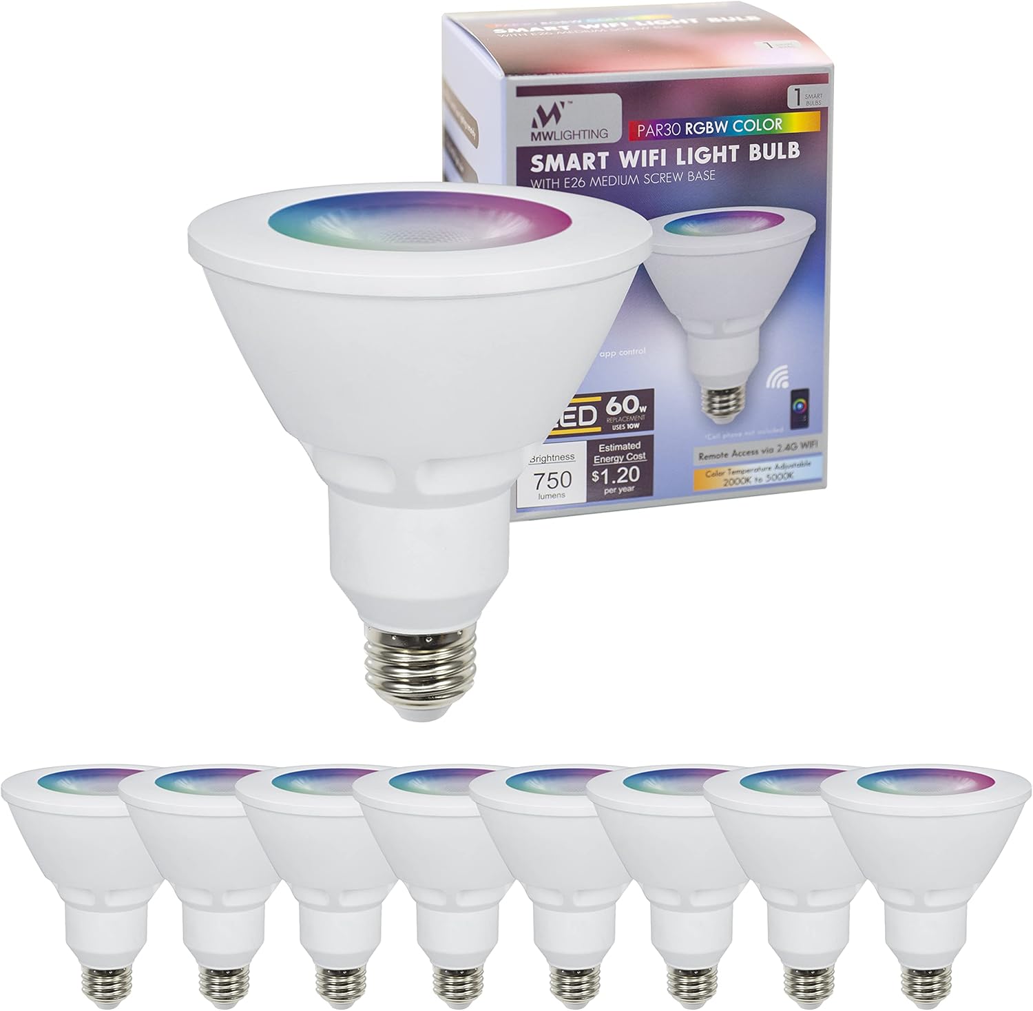 mw Lighting PAR30 – Bombilla inteligente funciona con Wi-Fi RGBW que cambia de color, bombillas LED compatibles con Alexa y Google Home Assistant,