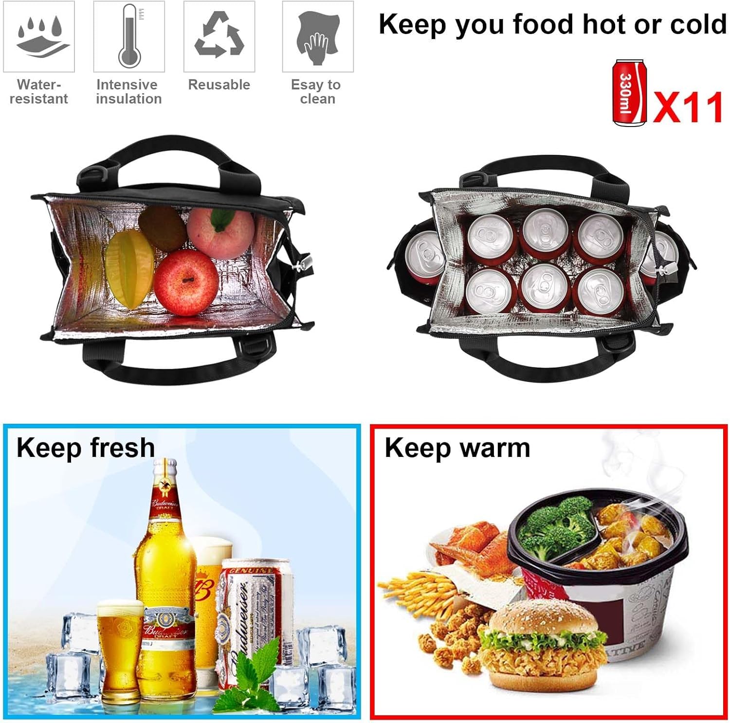 Kamo Bolsas de almuerzo para mujer, bolsa de almuerzo aislada, contenedor para el trabajo, viajes, playa, correa de hombro ajustable