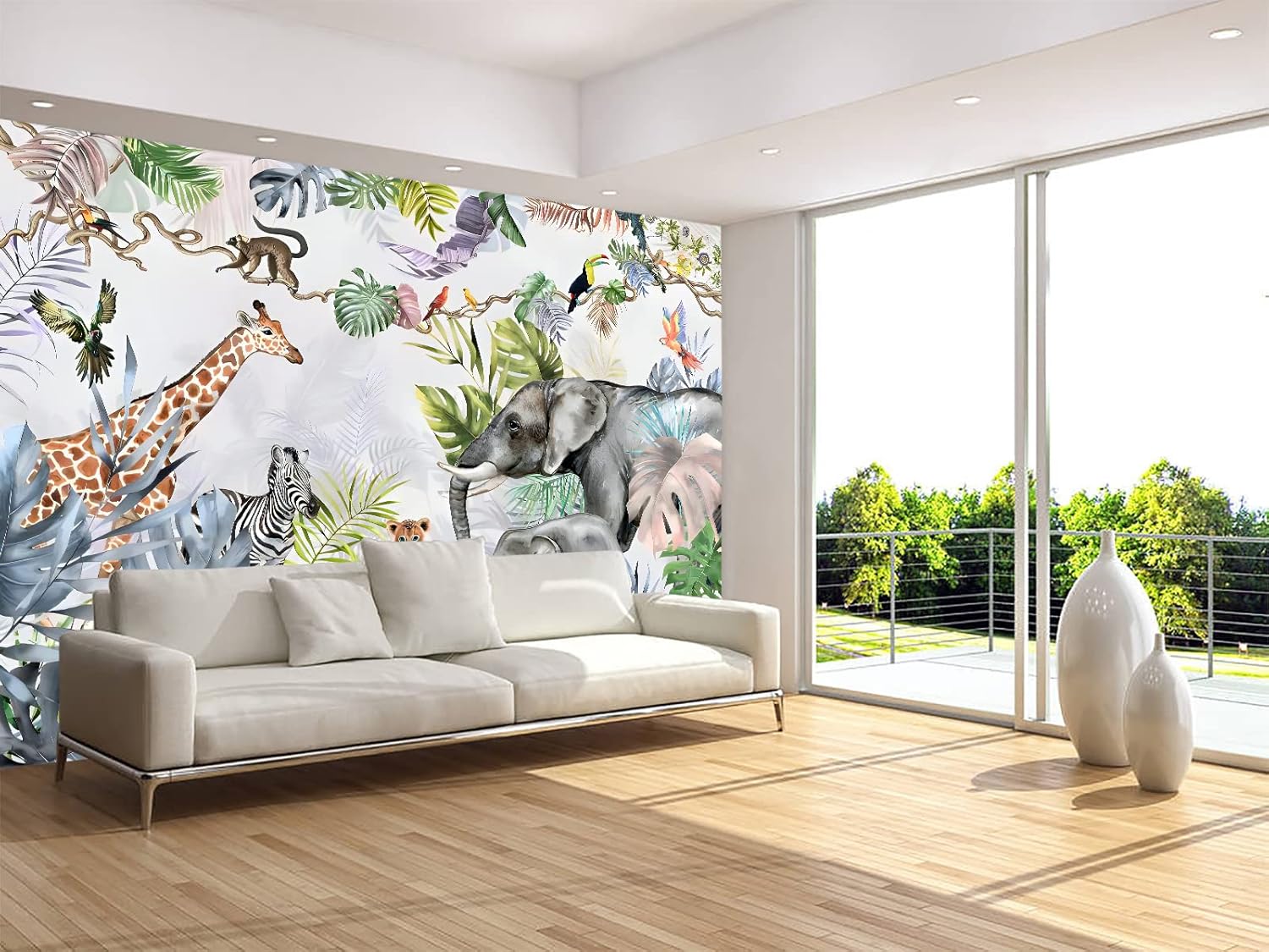 Papel tapiz de safari para niños con animales, selva, acuarela, animales, guardería, decoración de habitación infantil (no se pega ni se pega)
