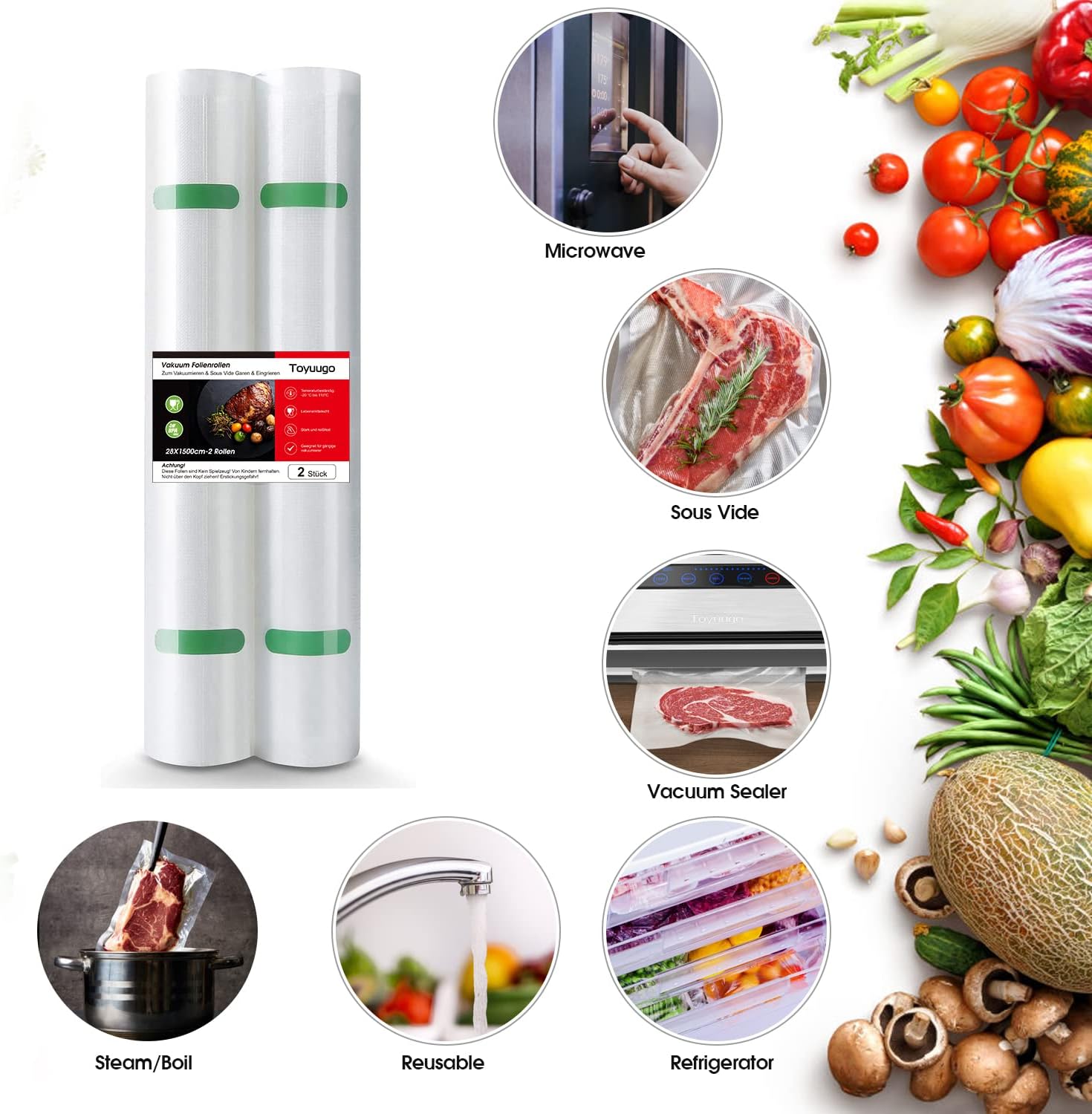 Bolsas selladoras al vacío para servidores de ensalada, 2 rollos