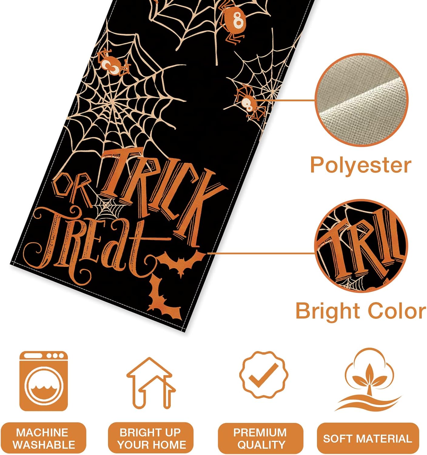 Seliem Camino de mesa de Halloween con texto en inglés “Trick or Treat”, diseño de murciélago de telaraña, negro, divertido decoración de mesa de